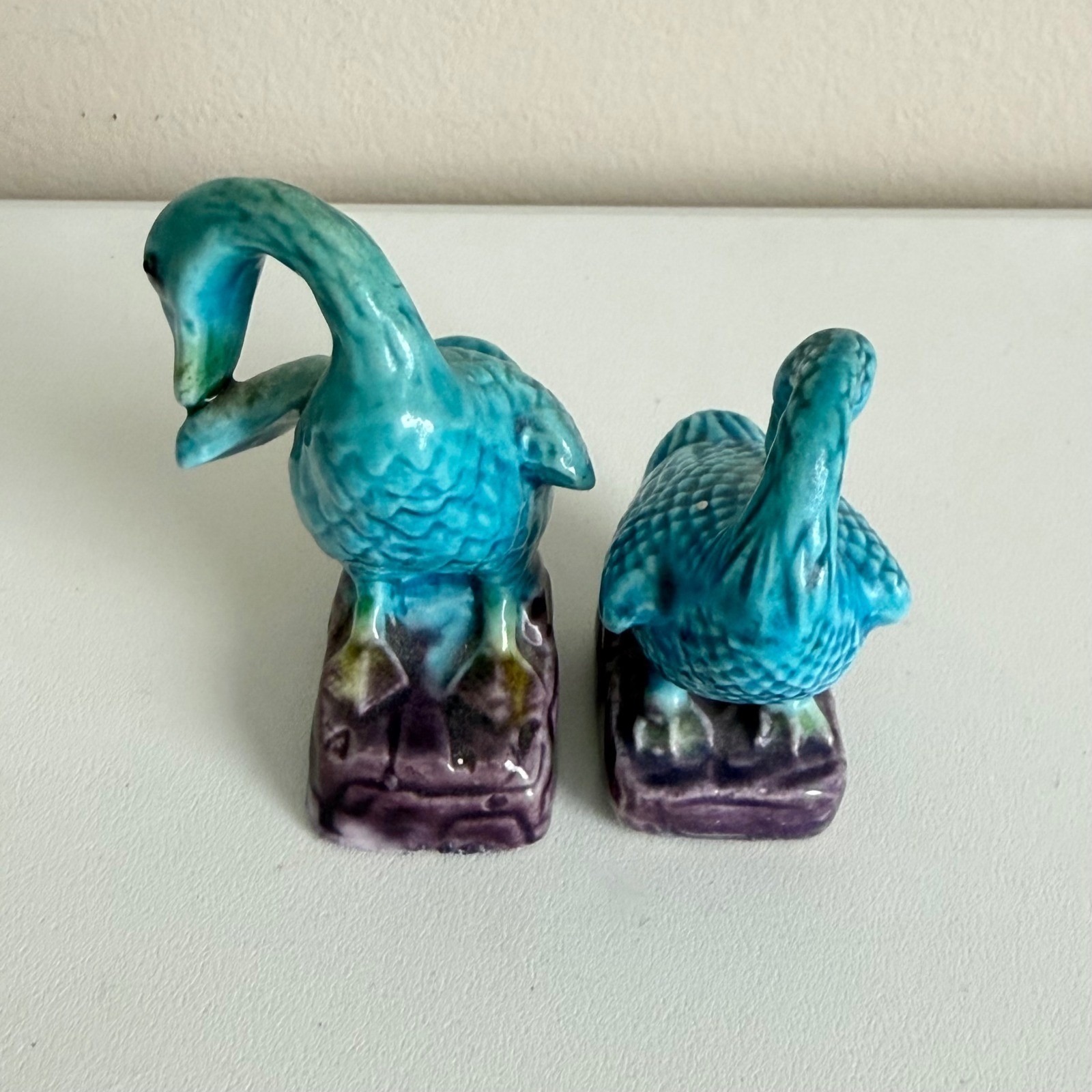 VTG Antique Turquoise Chinese Porcelain Blue Glazed Duck Goose figurines 3″