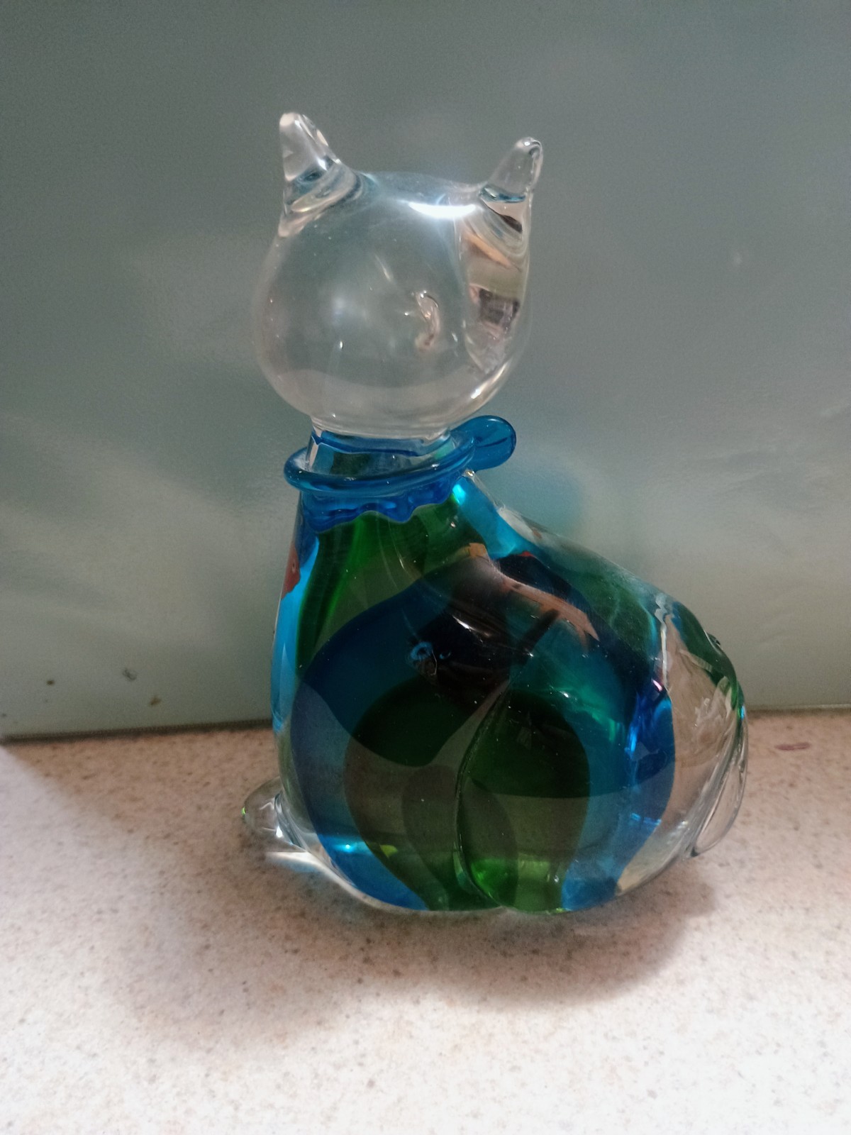 Lenox Cat Figurine /Handcrafted Glass/Blue Green Red Art Glass/Decorative
