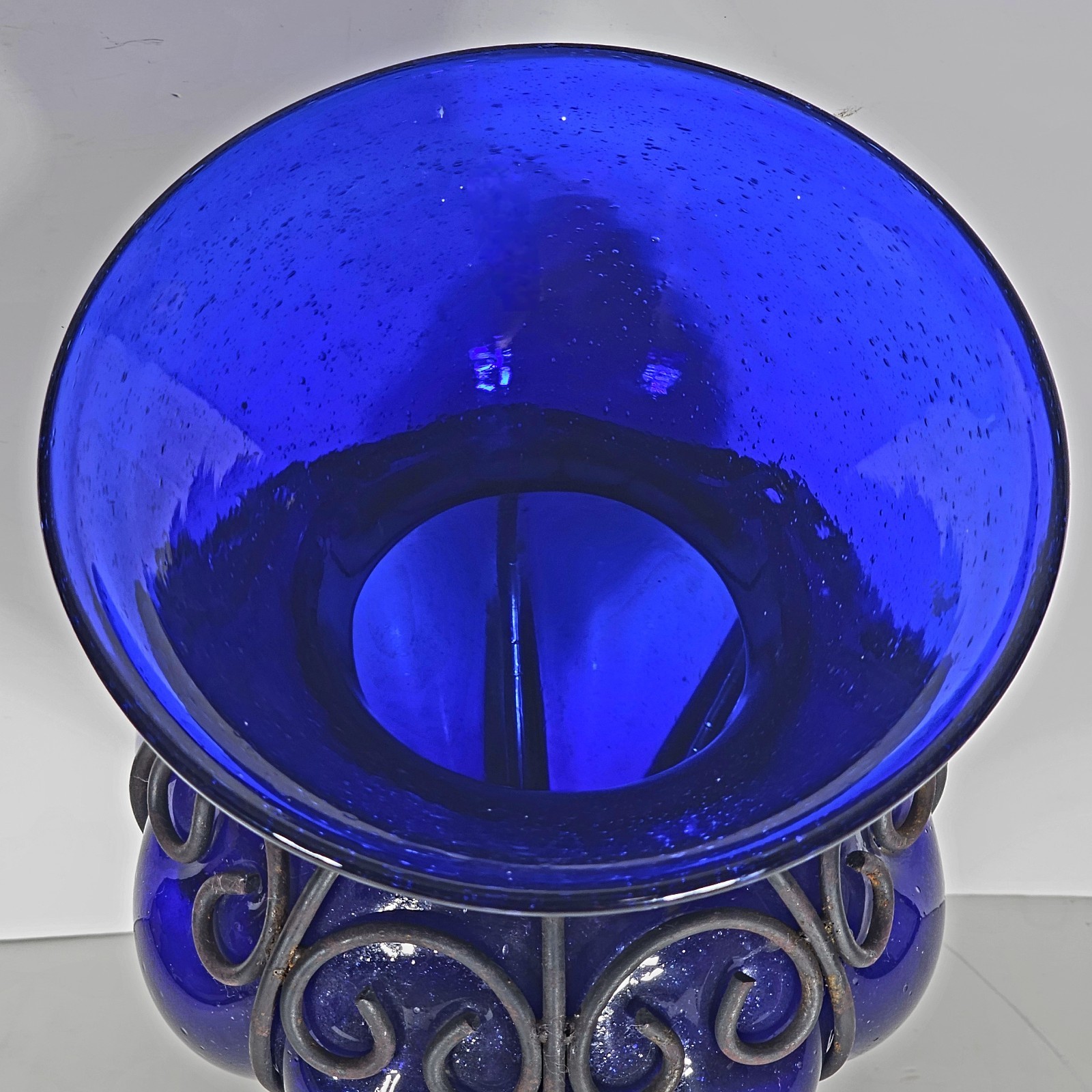 Vintage Murano Style Caged Art Gkass & Wrought Iron Cobalt Blue Vase 10.5in