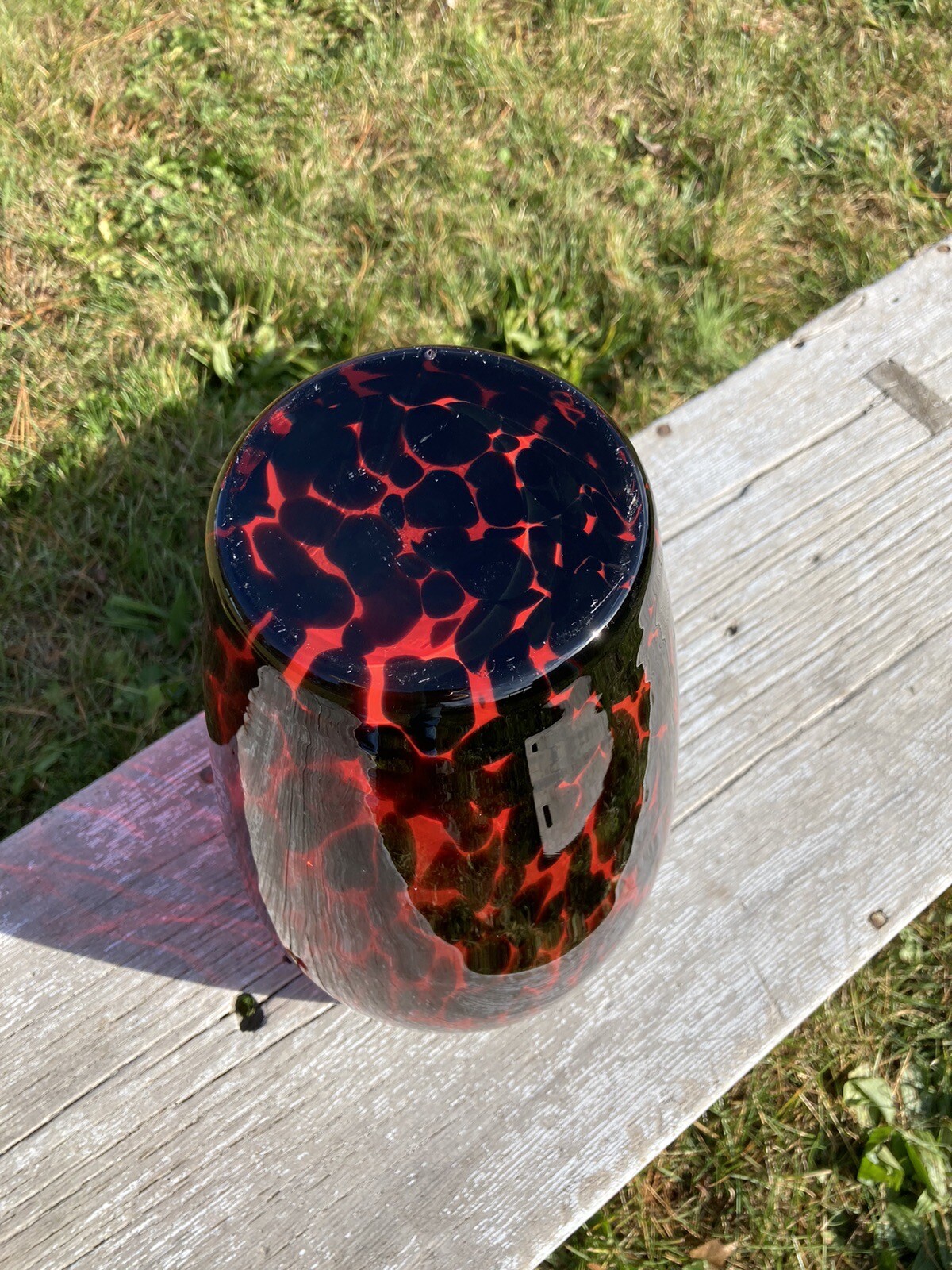 Red & Black Tiger Stripe Glass Vase 12” Tall – 4.5” Top Opening