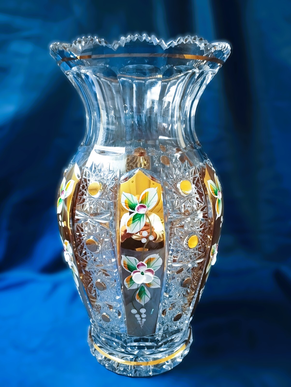 Czech bohemia crystal glass – Cut crystal vase 26cm decorated gold and ename