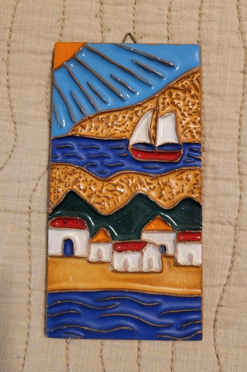VTG Wall Hanging Tile Greece Seaside Scene Ceramic Handmade 3” x 6″
