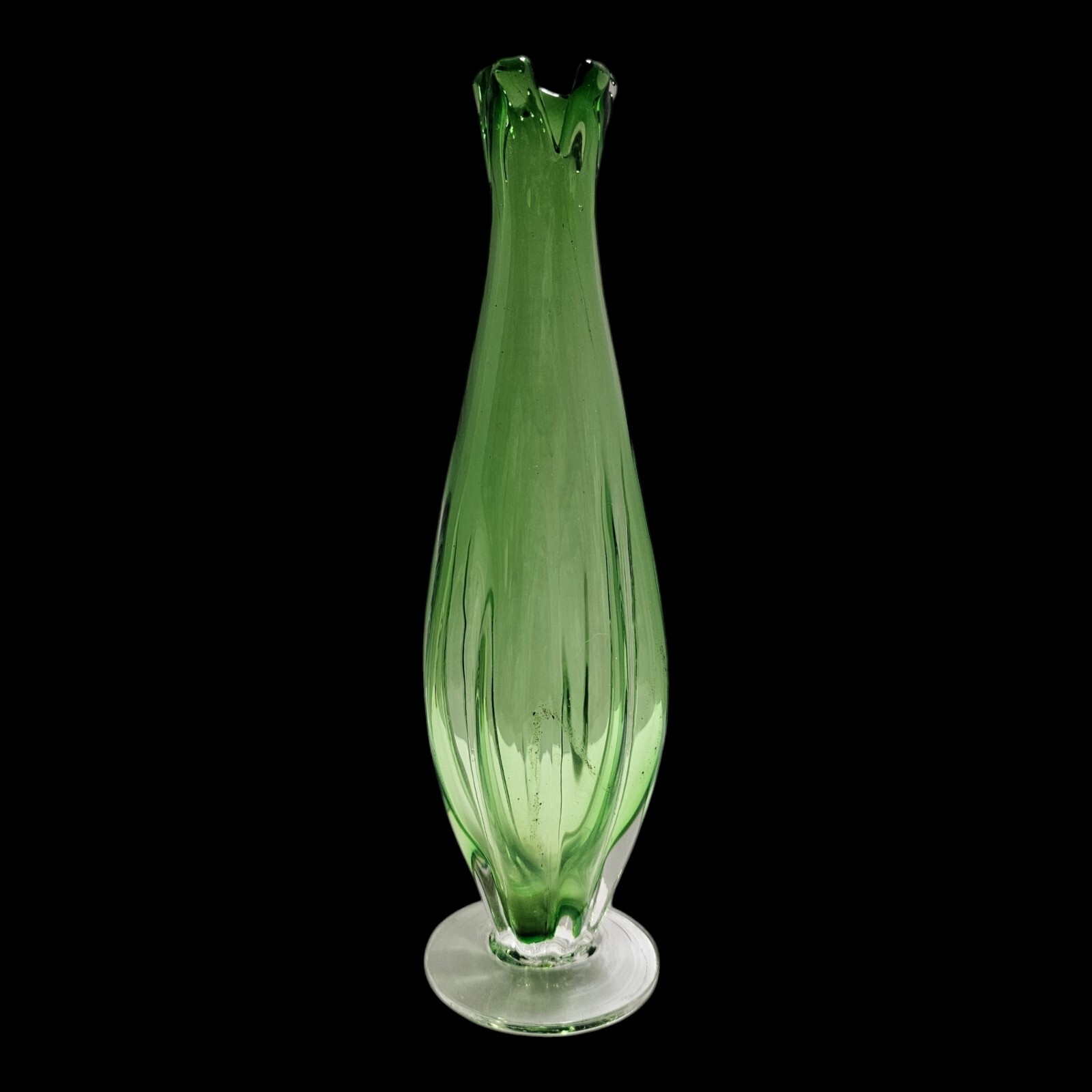 Hand Blown Light Green Art Glass Bud Vase with Clear Round Base 9.25″ Tall