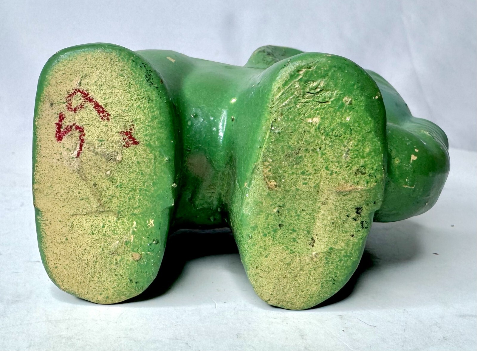 Vintage Small Green Pottery Elephant Figurine with Raised Trunk for Good Luck