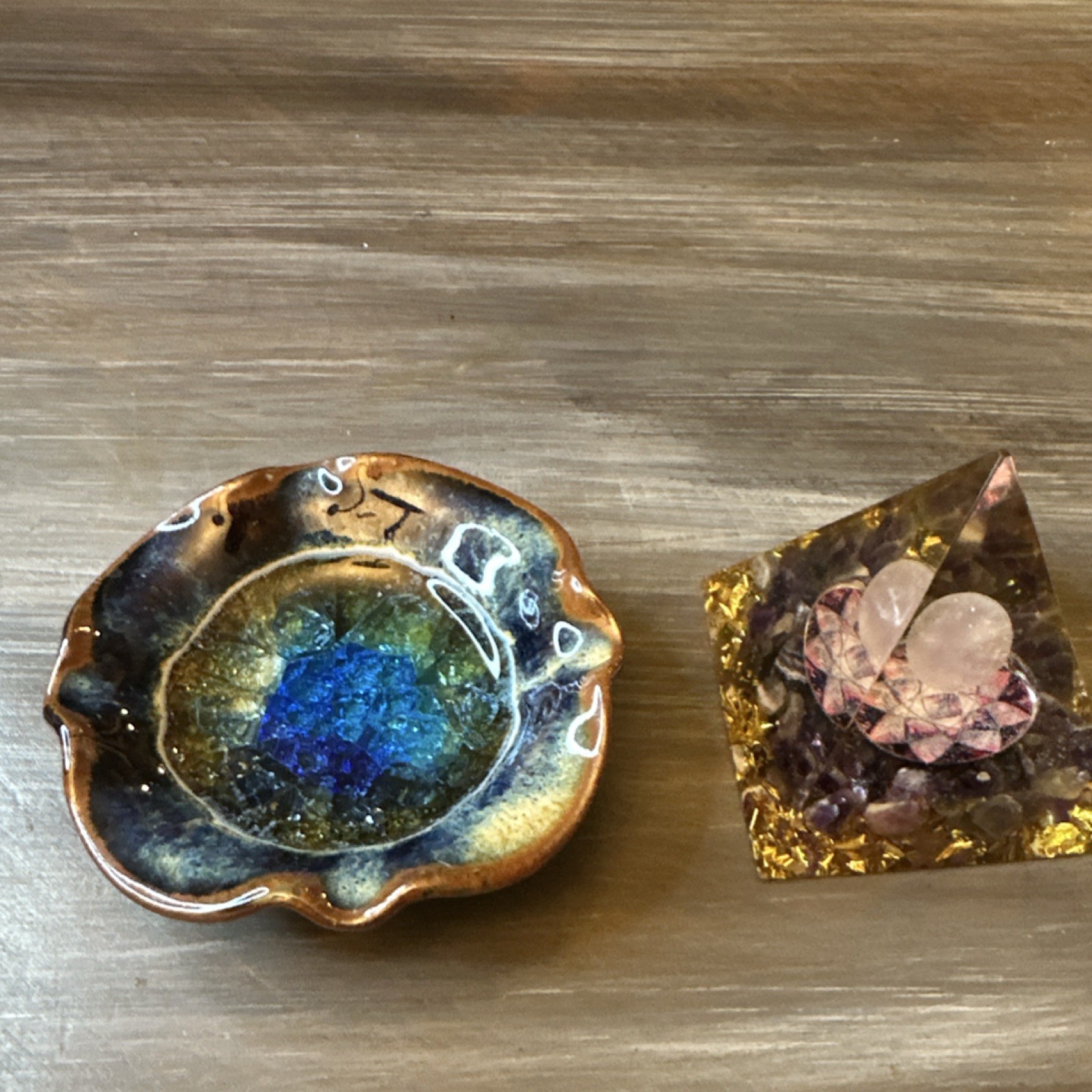 Decorative Art Pottery Ceramic Round Ashtray, Blue & Brown Glossy Glaze