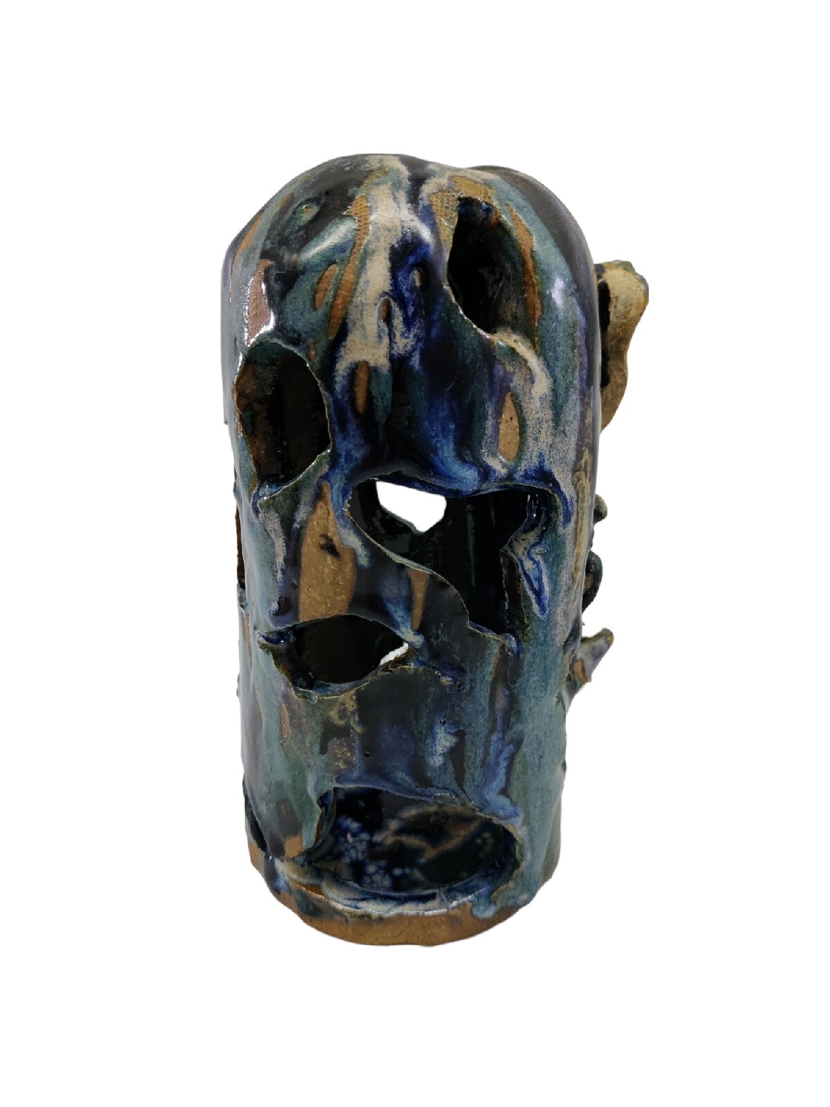 Studio Art Pottery Candle Light Holder Brutalist Drip Blue Glaze Signed Morrison