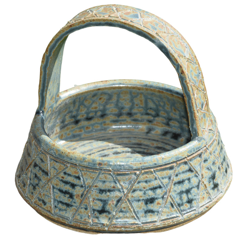 Vintage Art Pottery Basket Handbasket Heavy Signed Handmade USA 6″Diameter 6″ T