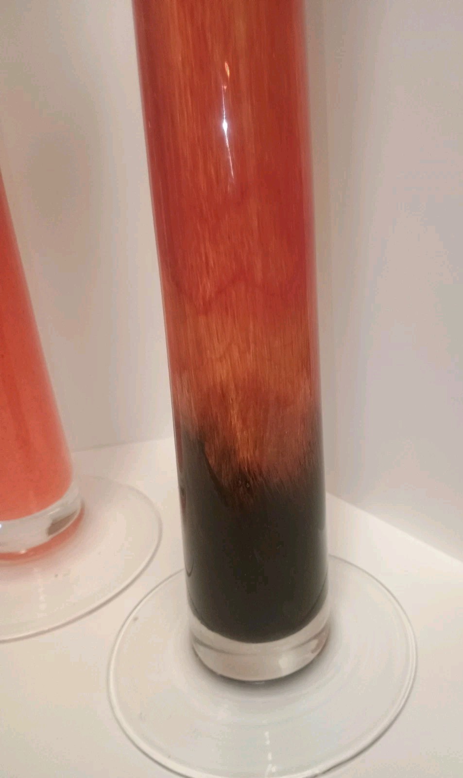 2 Art glass 11” tall candlestick Orange And Brown ,clear