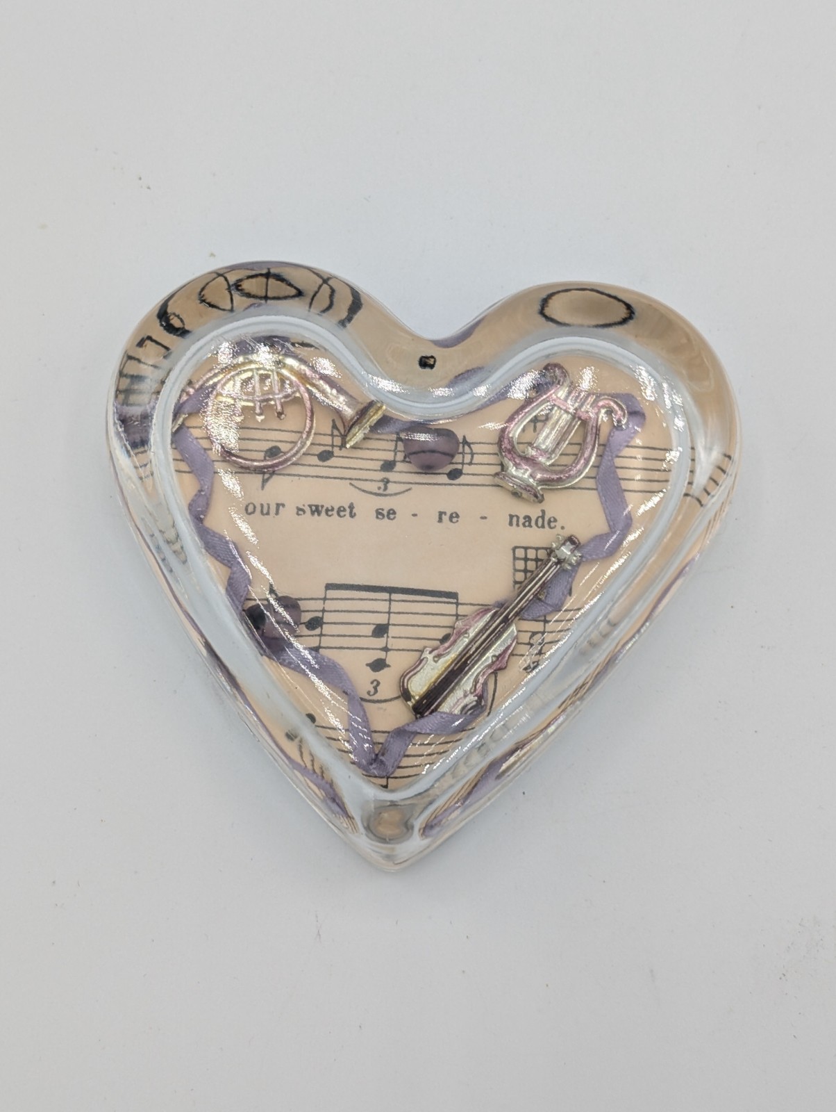 Vintage Handmade Music Themed Glass Heart Paperweight 3.5