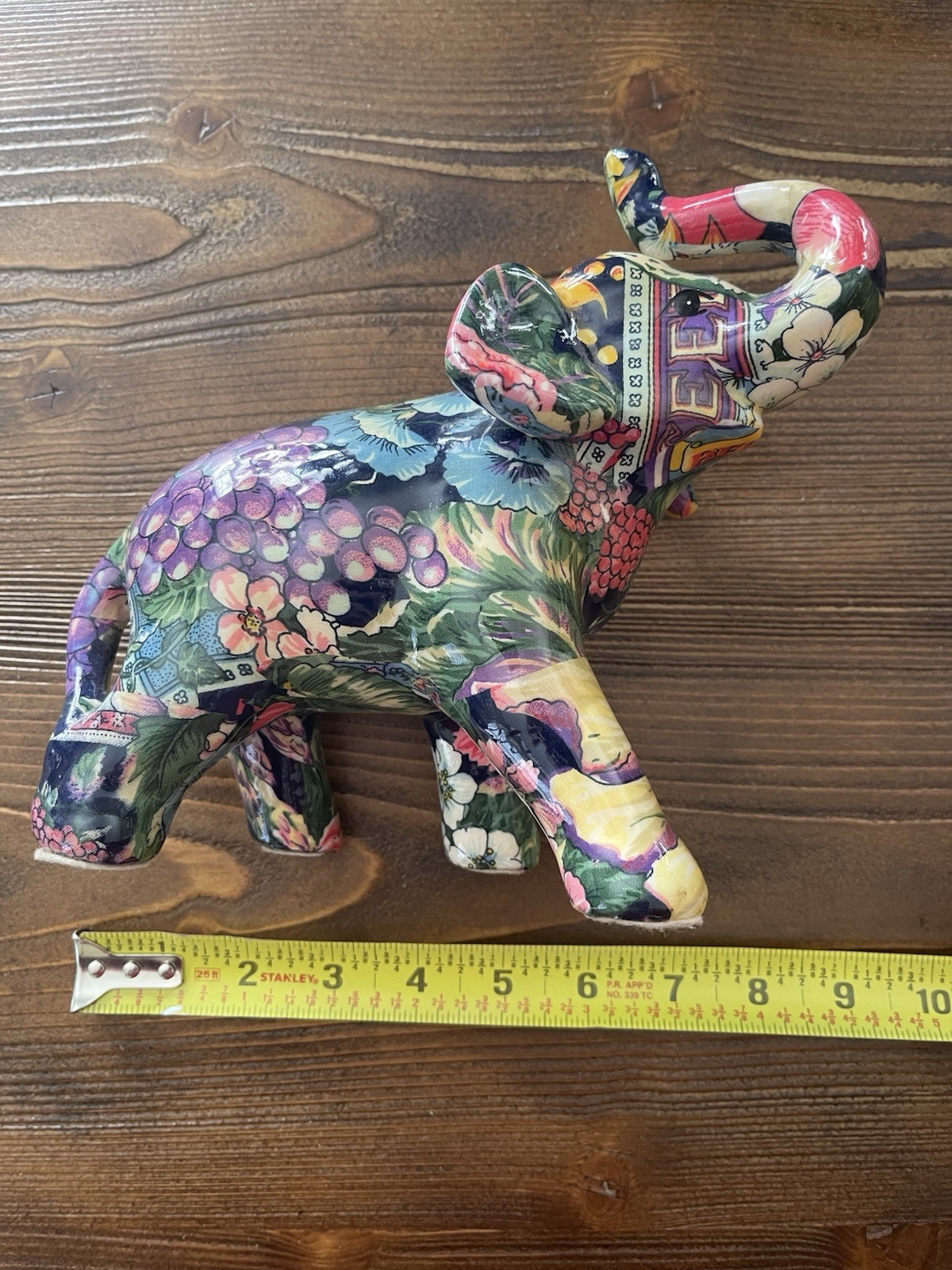 Colorful Floral Elephant Figurine 8” Decoupage Style Boho Decor Made in China