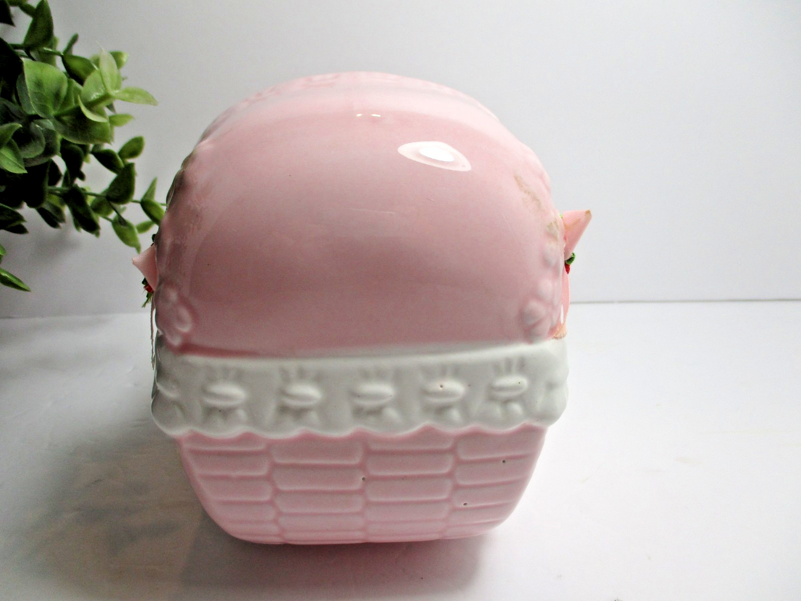 Ceramic Cradle Planter –Pink, ABC Motif ribbon Bow & Roses Vintage
