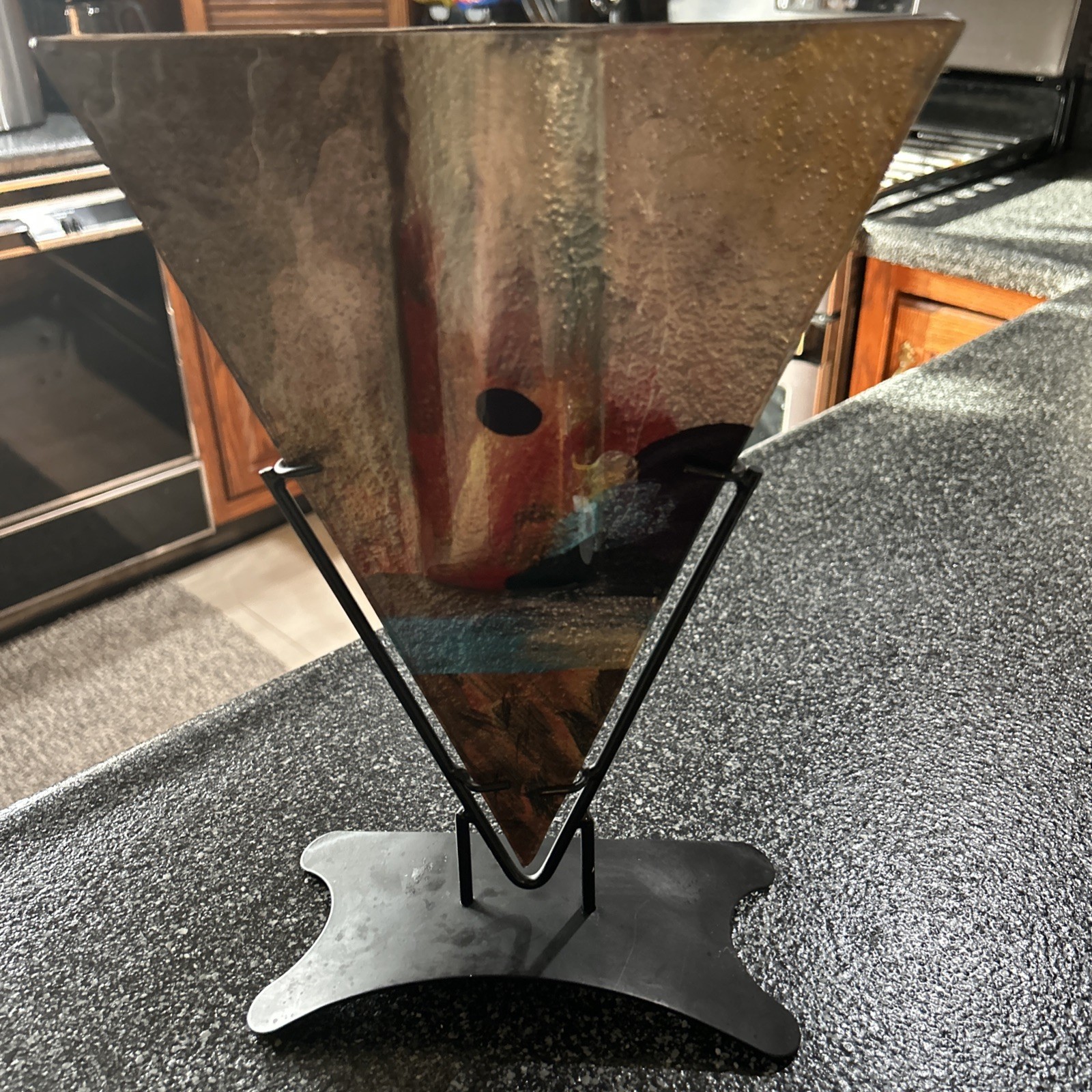 Jasmine Art Glass Table Vase Abstract Art Brown Blue Gold Red & Black 12.5”x9”