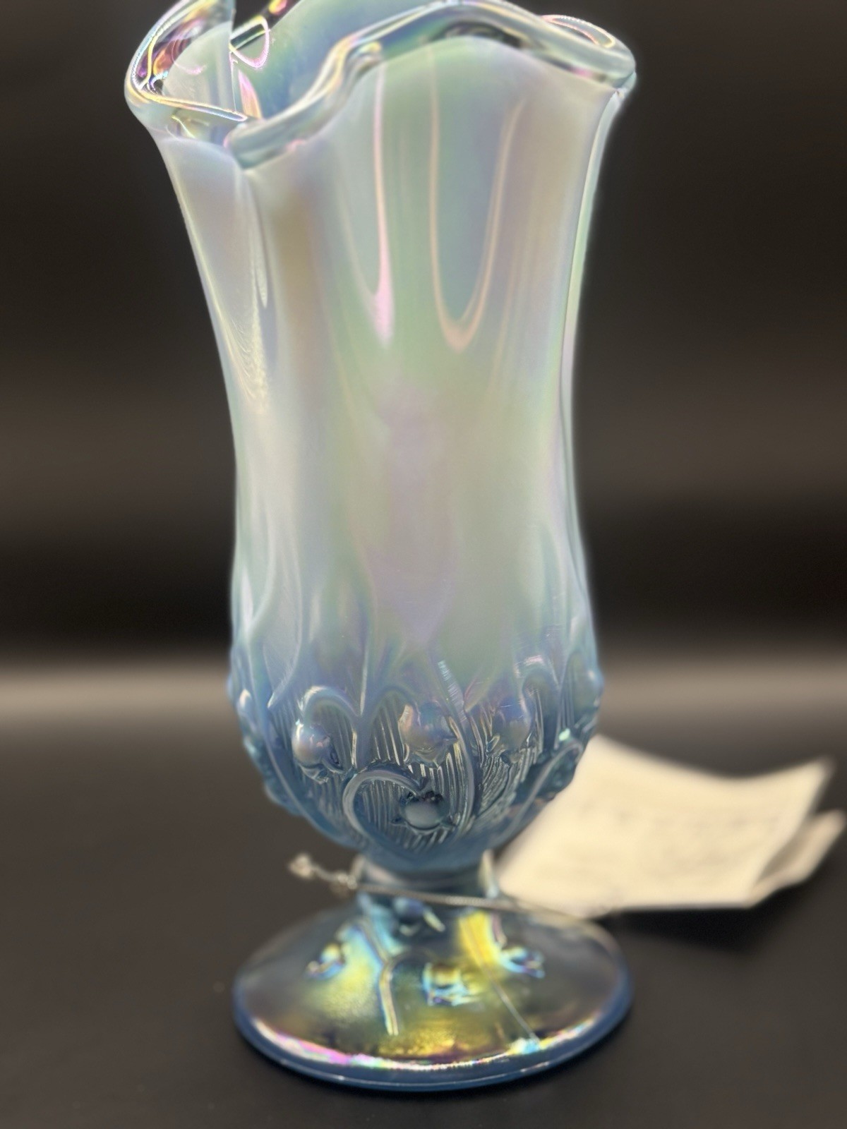 Fenton Art Glass “Lily of the Valley” Blue Opalescent Handkerchief Vase