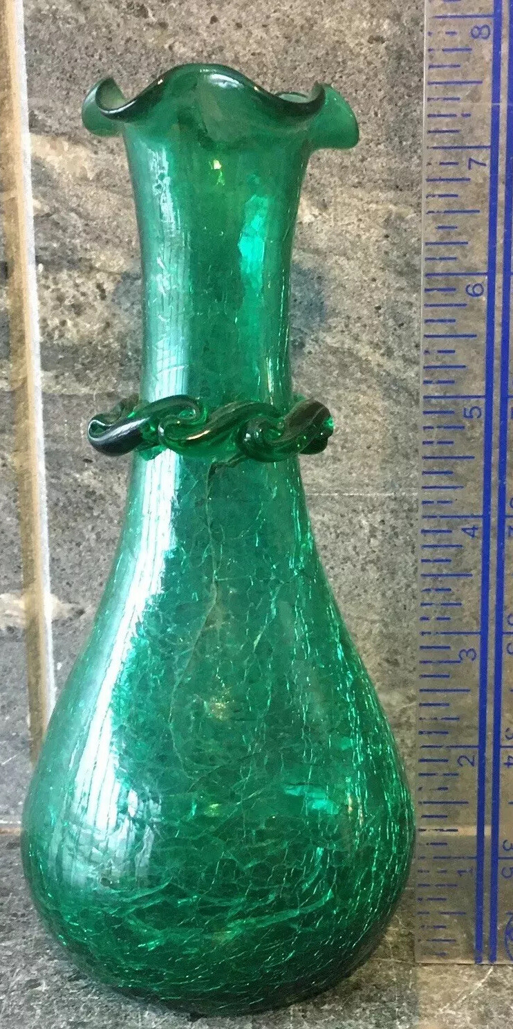 Vintage Crackle Art Glass Vase 7.5” Tall Emerald Green 3D Applied Rigoree EUC