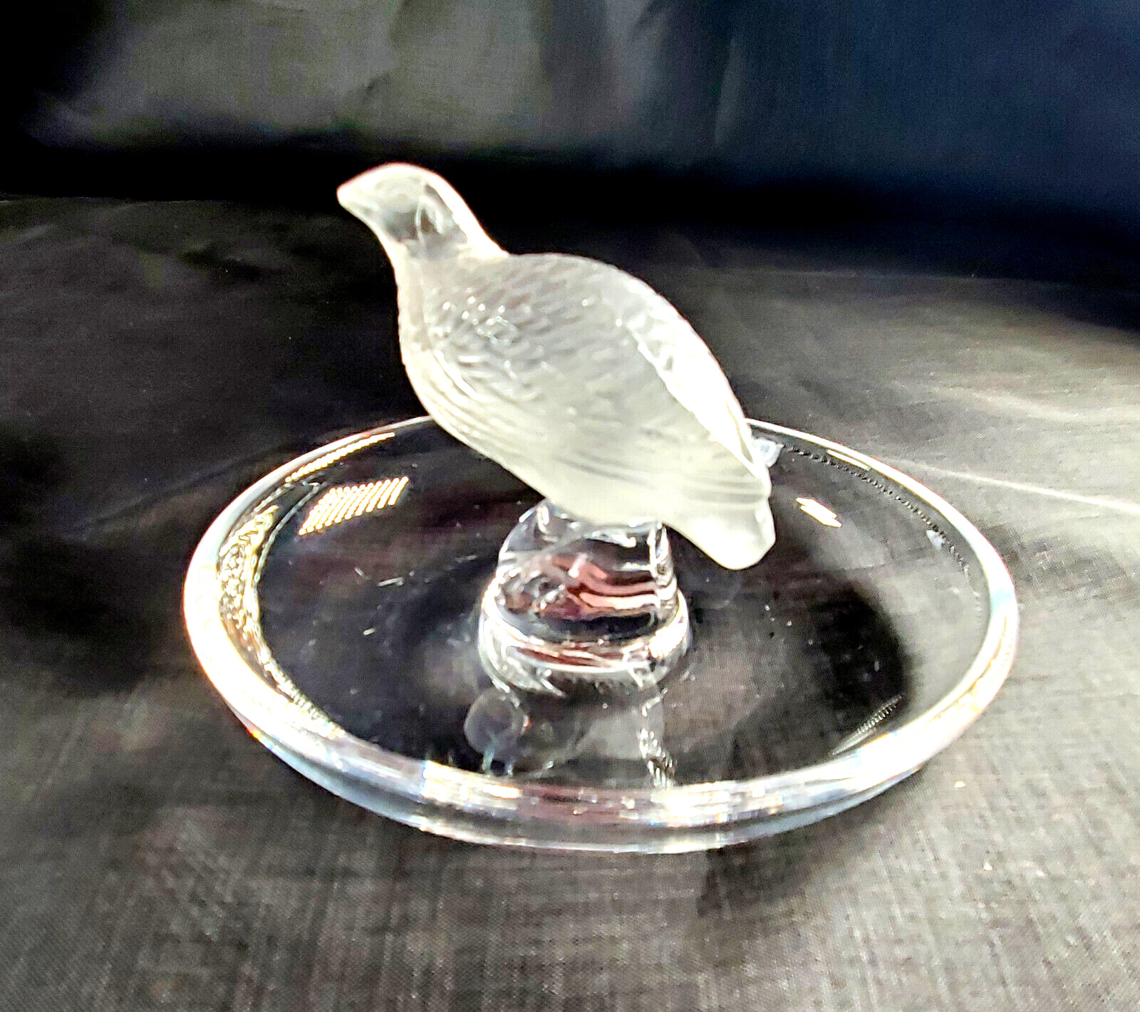 Vintage Lalique Crystal Quail Ring/Jewelry Tray/Catch-All Frosted & Clear