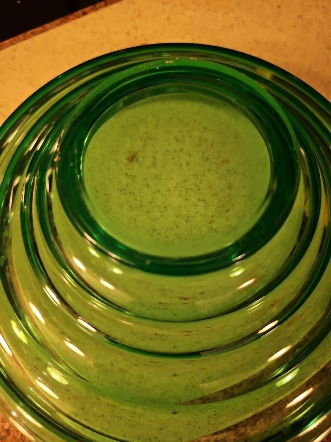 Unbranded Blenko Similar Green 5 Tiered Art Deco GLASS Bowl 9×3″ Pyramid Atomic
