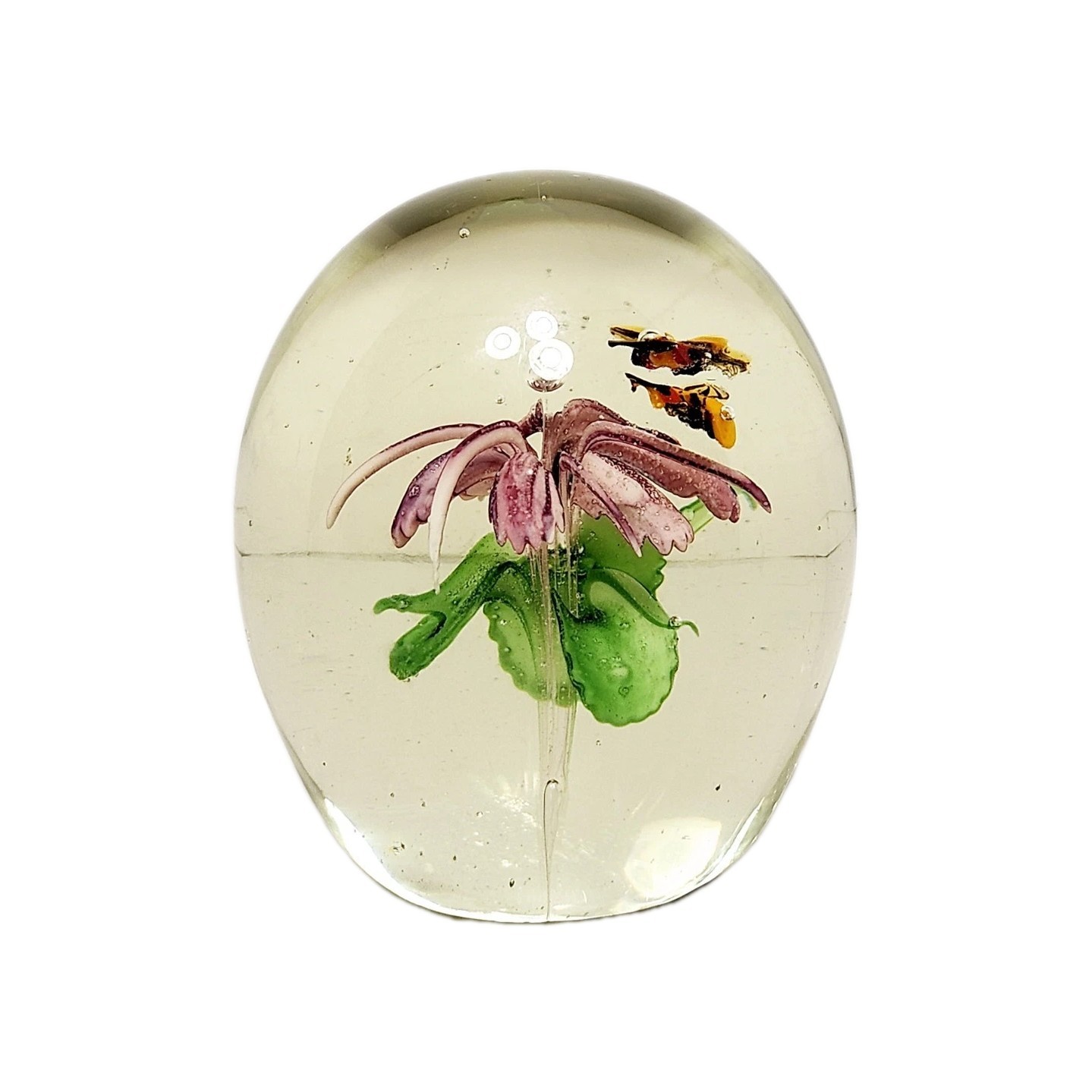 Handcrafted Silvestri Art Glass Paperweight Two Bees And A Purple Flower • VTG