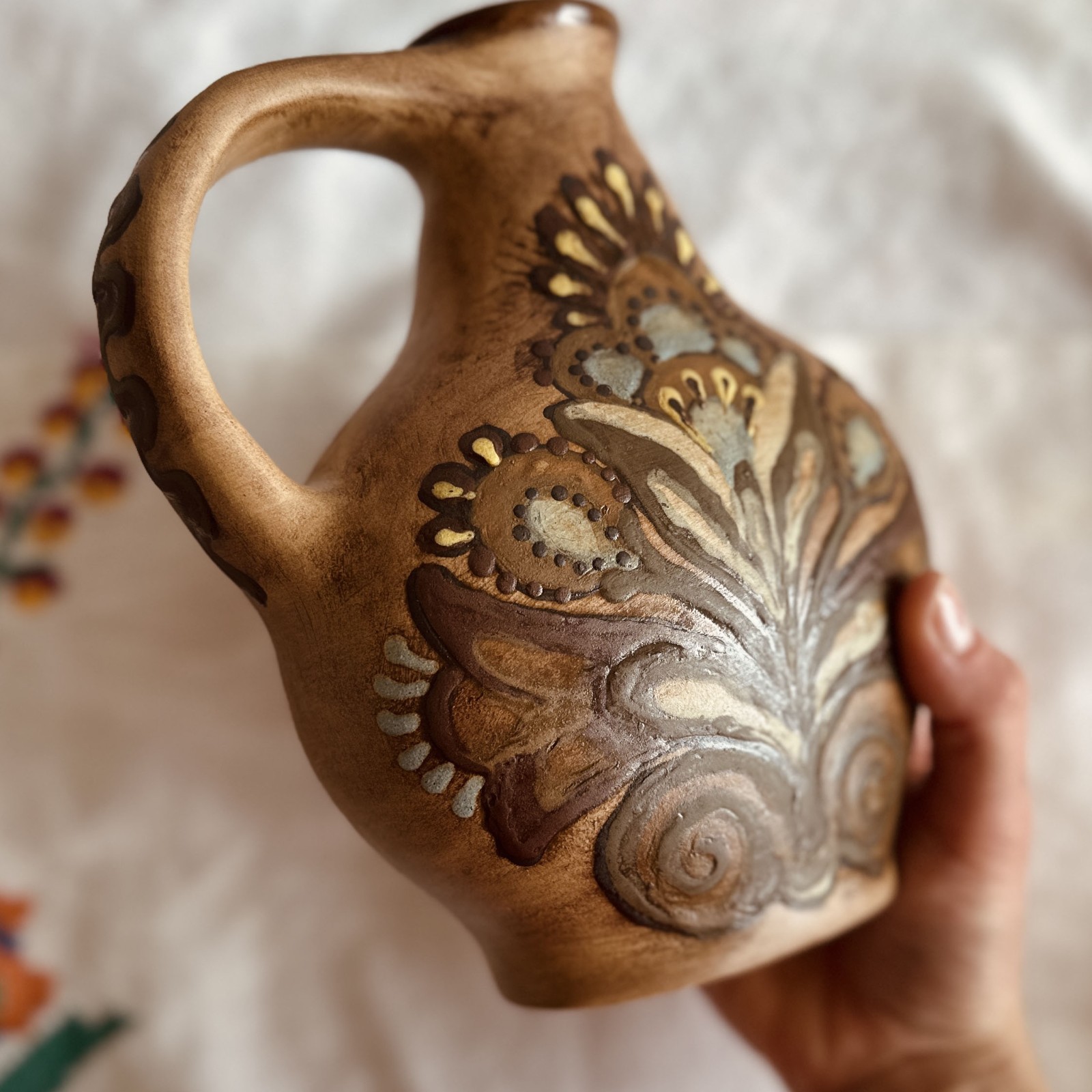 Ukrainian Vintage Majolica Pottery Vase Pitcher Vasylkiv Ceramics Folk Art