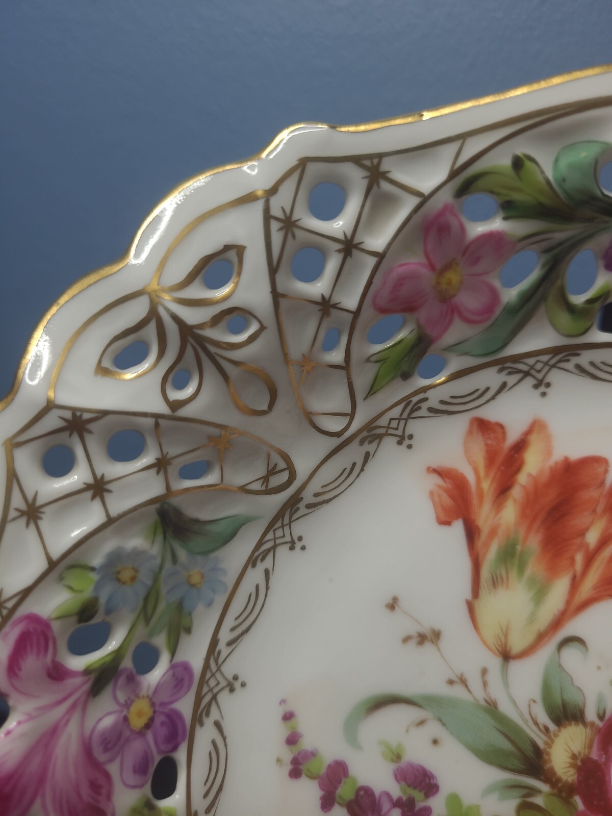 Rare E.S. Prussia Dresden Flowers Gilded Porcelain Bowl Plate Scalloped Openwork