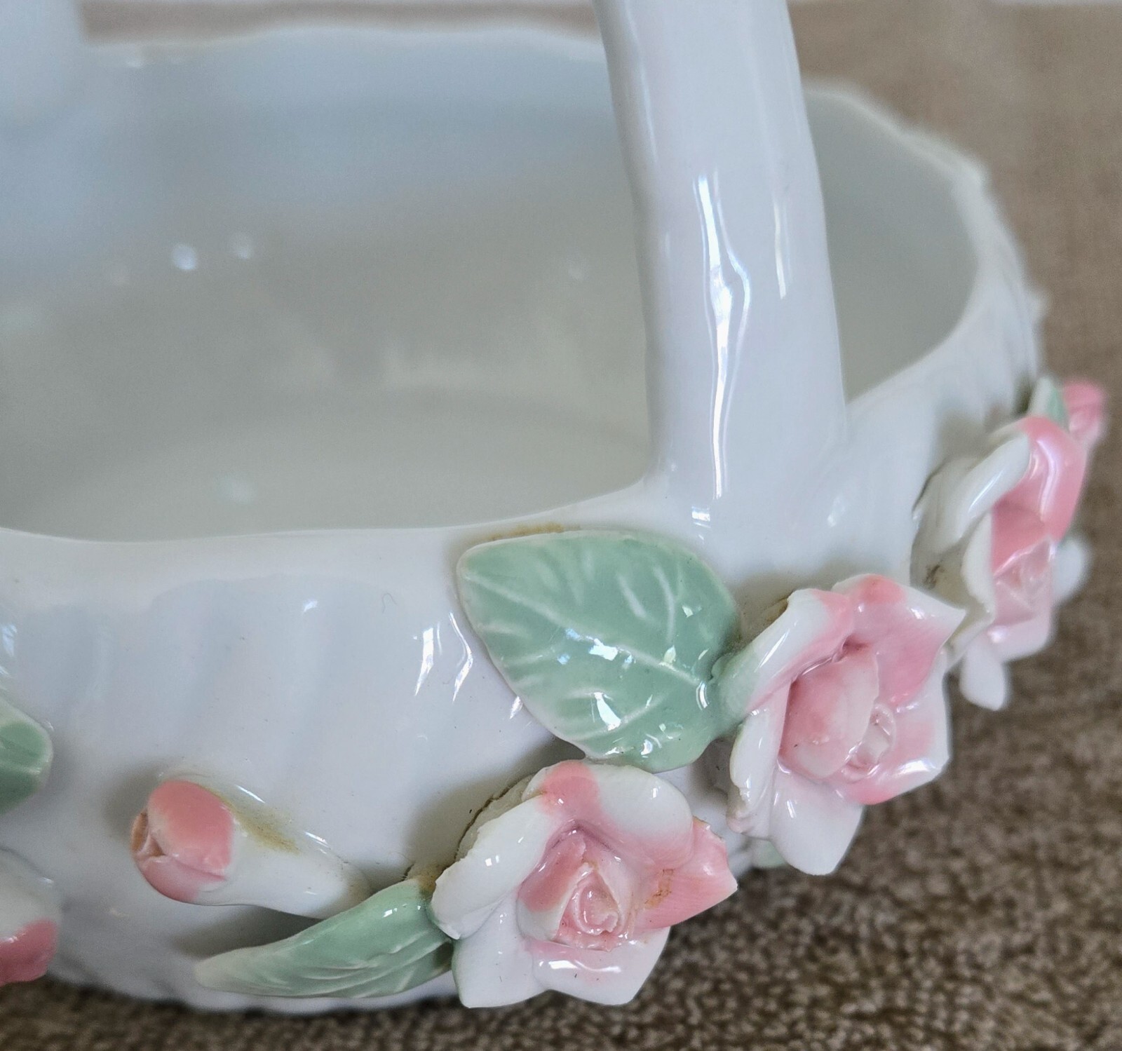 Vintage Ceramic Pink Rose Floral Basket-5 inch High-5.75 inch Diameter