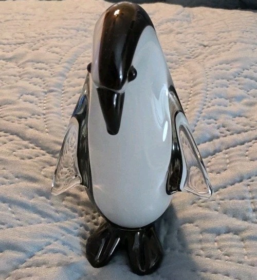 Hand Blown Art Glass Penguin Figurine Black White Clear Wings Murano Style 4″