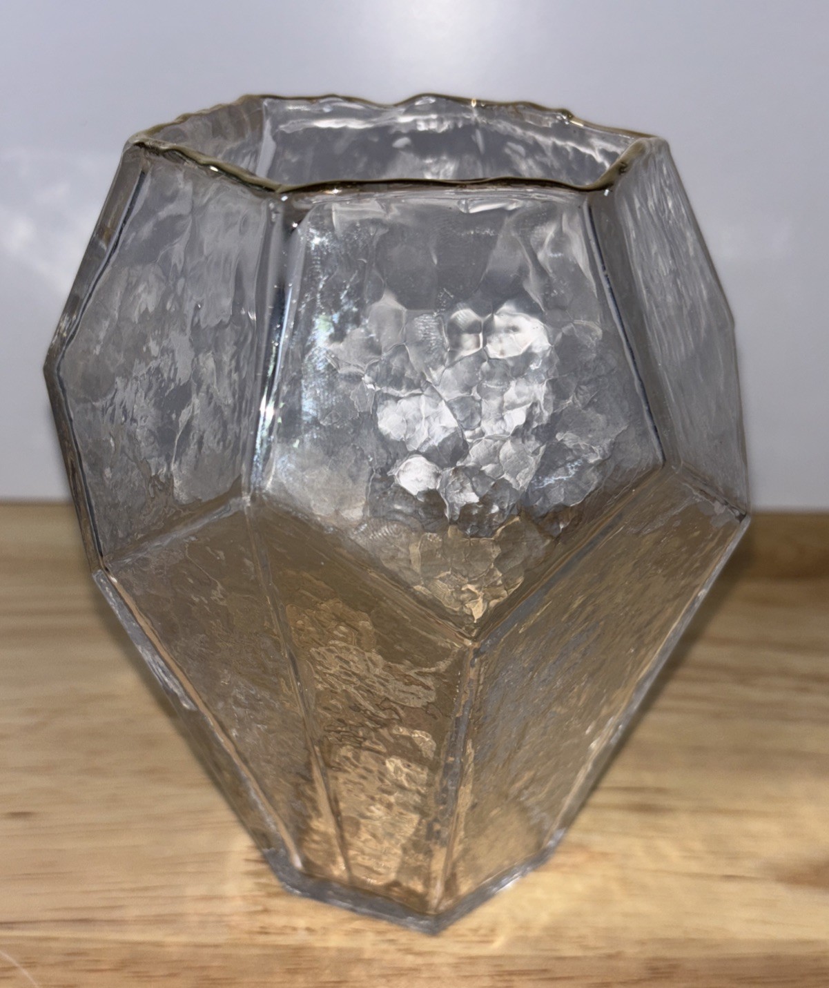 Clear Textured Glass Vase Gold Rim Geometric Hexagon Beveled 6.25” Tall