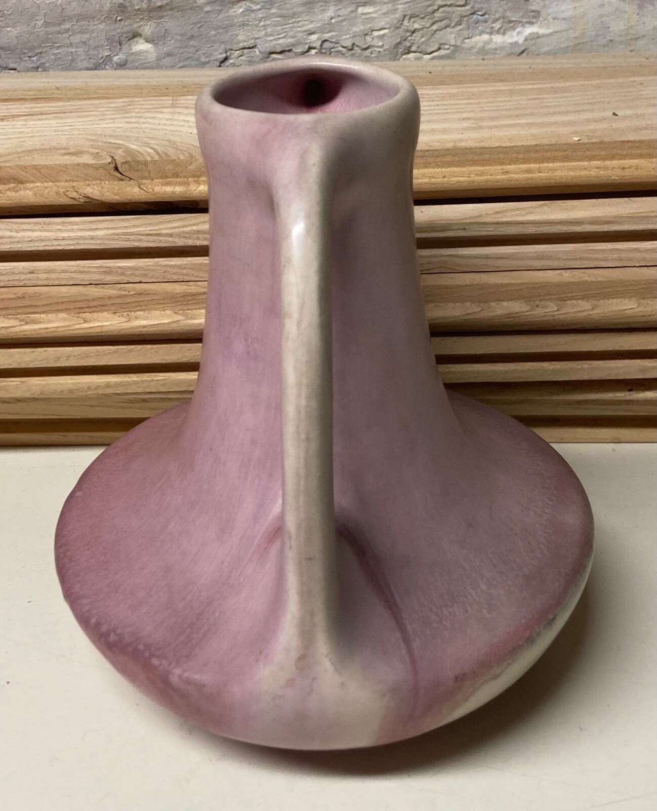 Vintage Muncie Art Pottery Purple Pink Double Handles Vase Signed FH 6 3/4″ Tall