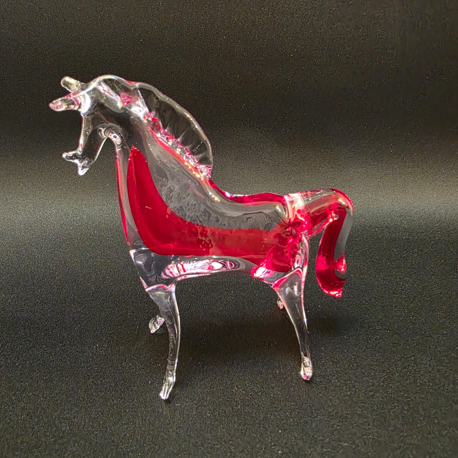 Murano Figure Horse Hand Blown Clear Glass red Stripe 5 inches Vintage