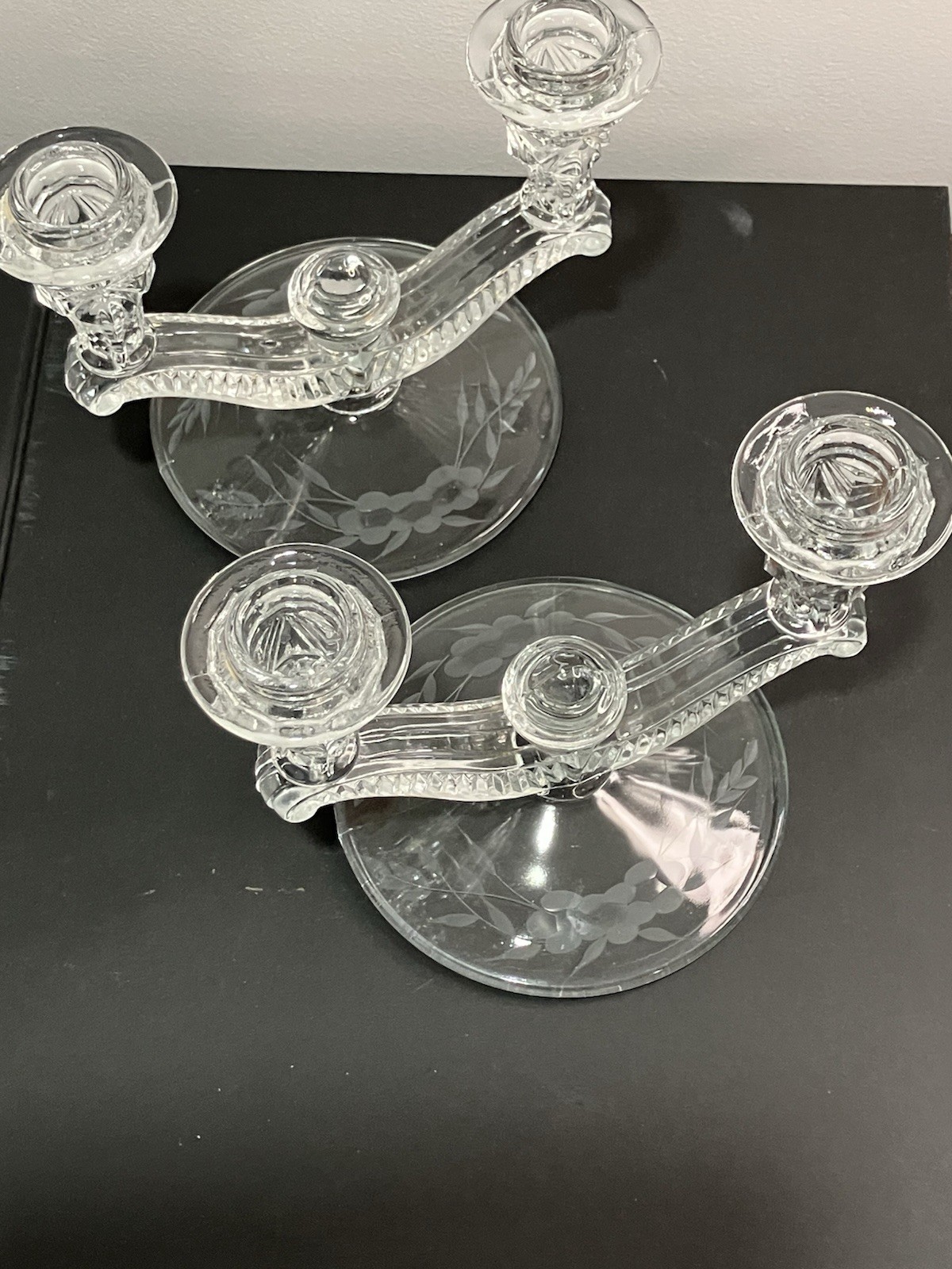 2 Vintage Art Deco Double Candle Candelabra Etched Base Crystal MCM EUC
