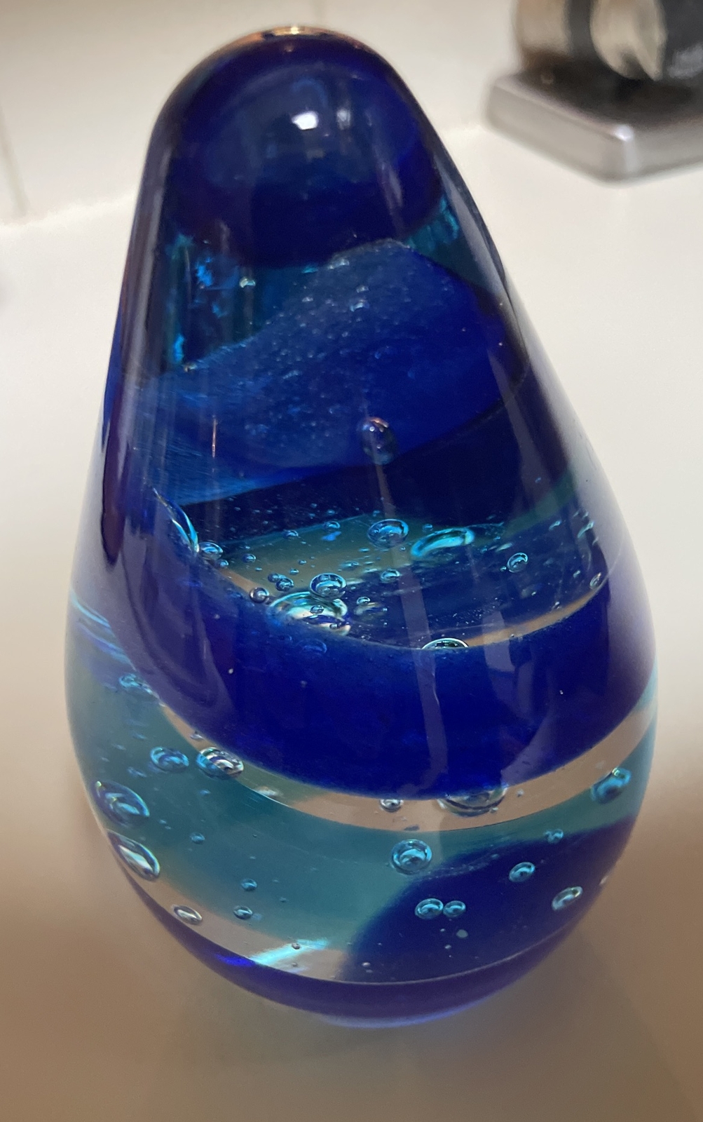 Egg-Shaped Paperweight With Blue design 5 3/4 Inches Tall Art Glass