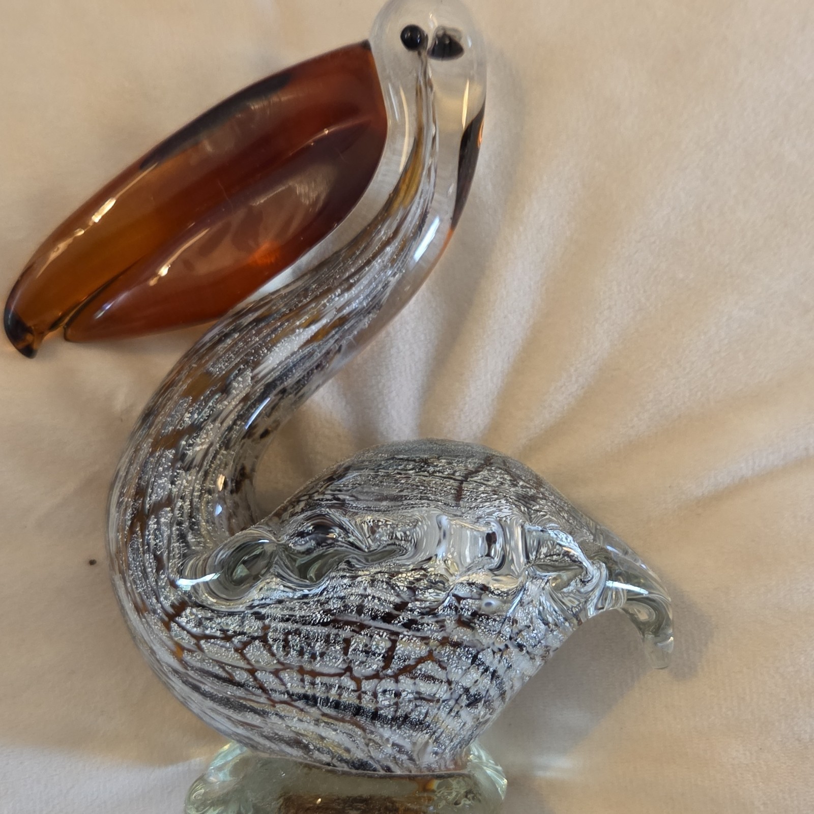 Art Glass Pelican Figurine Clear Brown Decorative Glossy Bird Sculpture