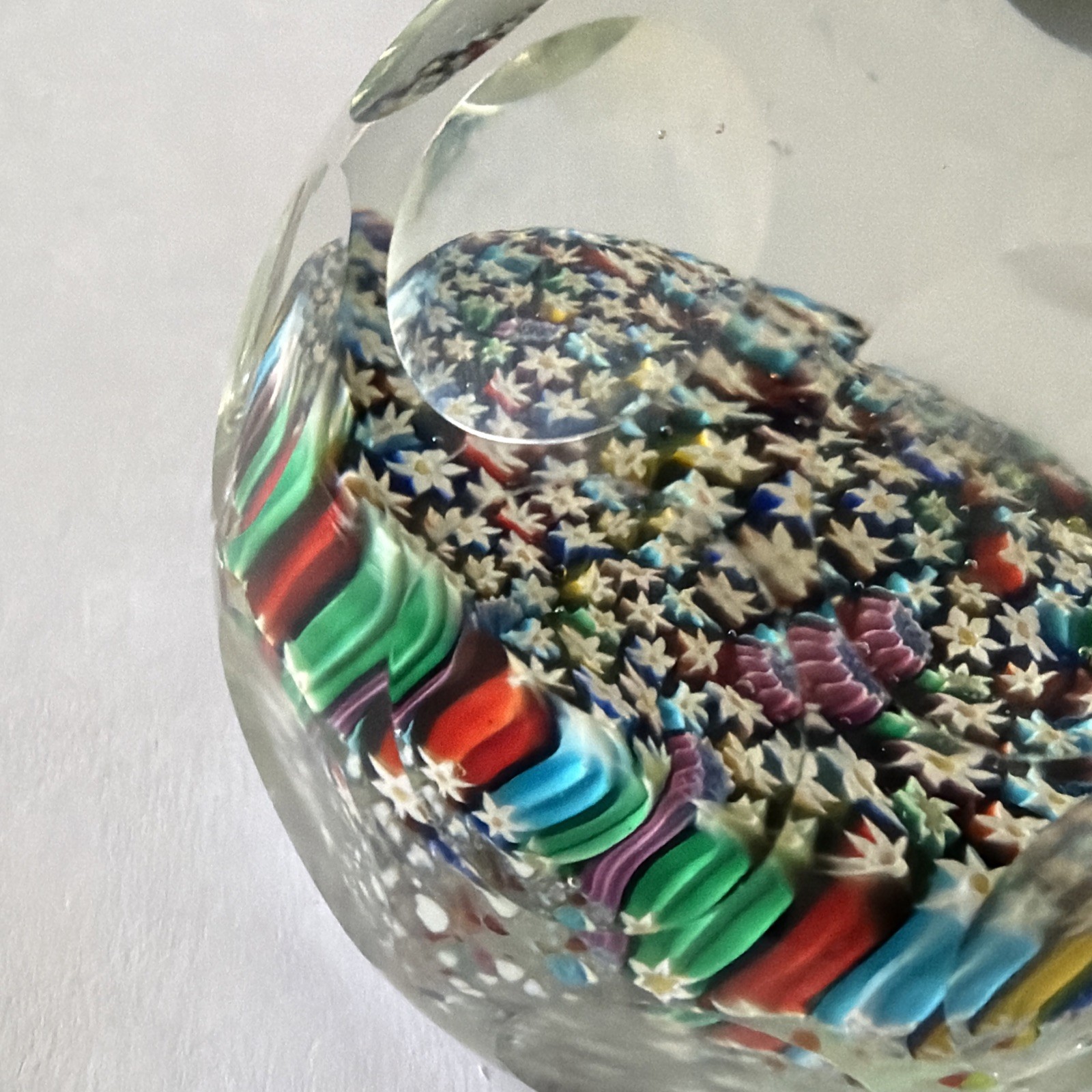 Sulfide Cut Crystal Paperweight Millefiori Flowers 20th Century 2.5”