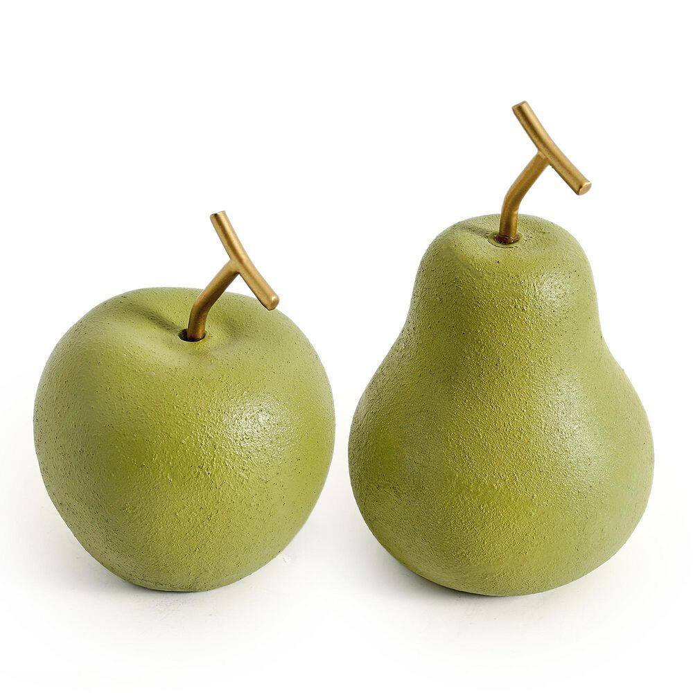 American Art Decor Green Resin Fruit Table Top Apple and Pear, Set of 2, 4.75 In