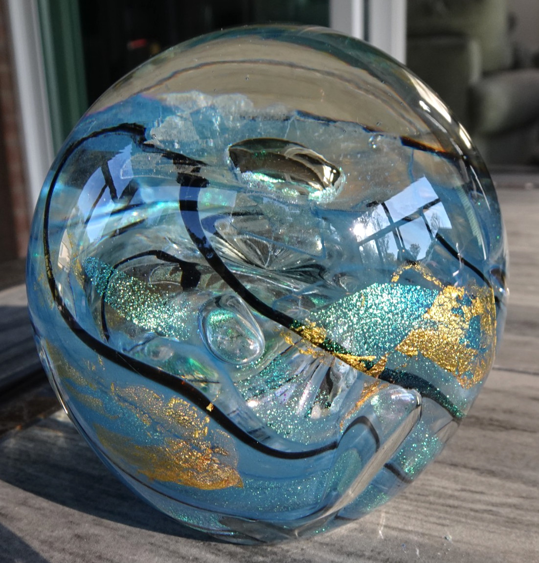 Signed Tim Lazer 2000 Studio Art Glass Dichroic Patterns Paperweight 3.3″