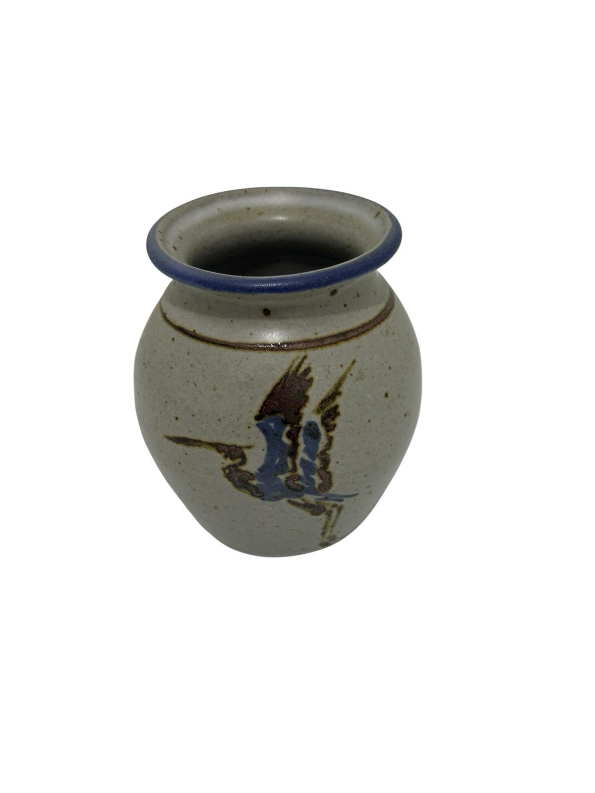 Art Pottery Small Stoneware Bud Vase Signed Heron Design Gray Blue Handmade