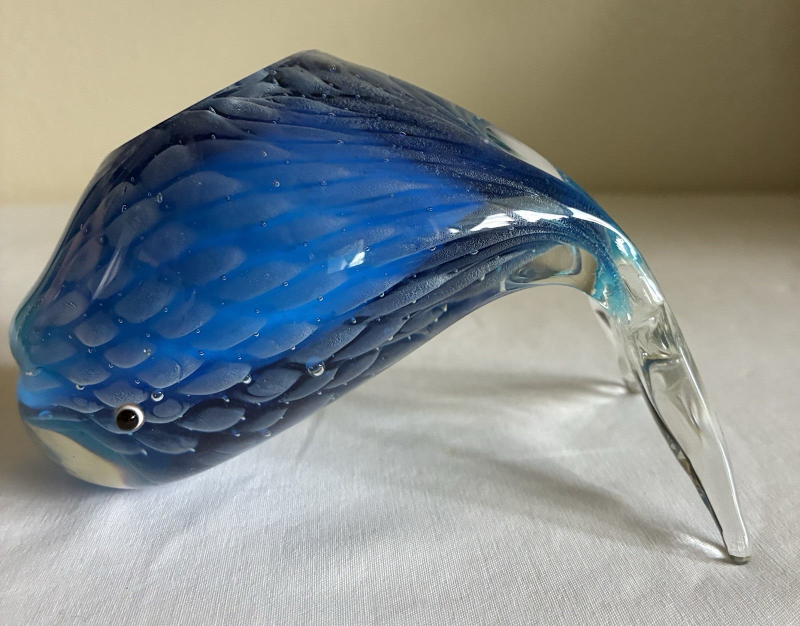 Murano Style Blown Art Glass Whale Lite Blue & Clear Paperweight Figurine 5″