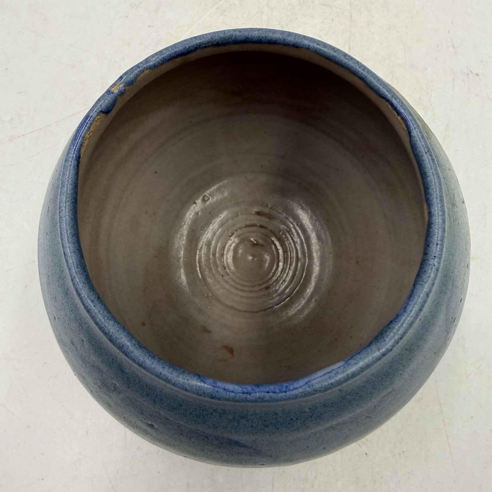 Artist Signed Studio Art Pottery Round Ceramic Vase Blue Circle Pattern 4.25” T