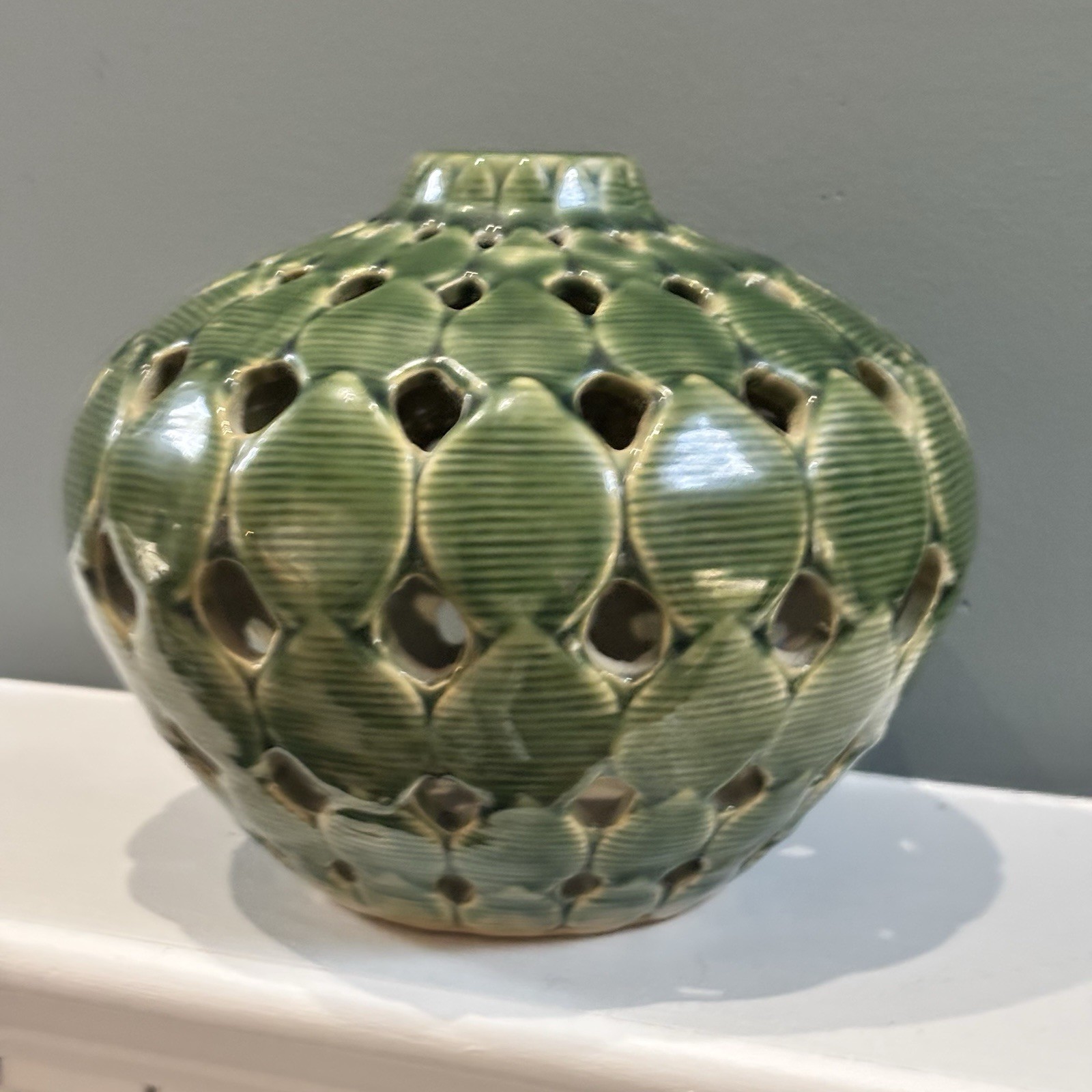 Vintage Green Leaf Reticulated Textured Vase 6.5” Tall, 8” Wide