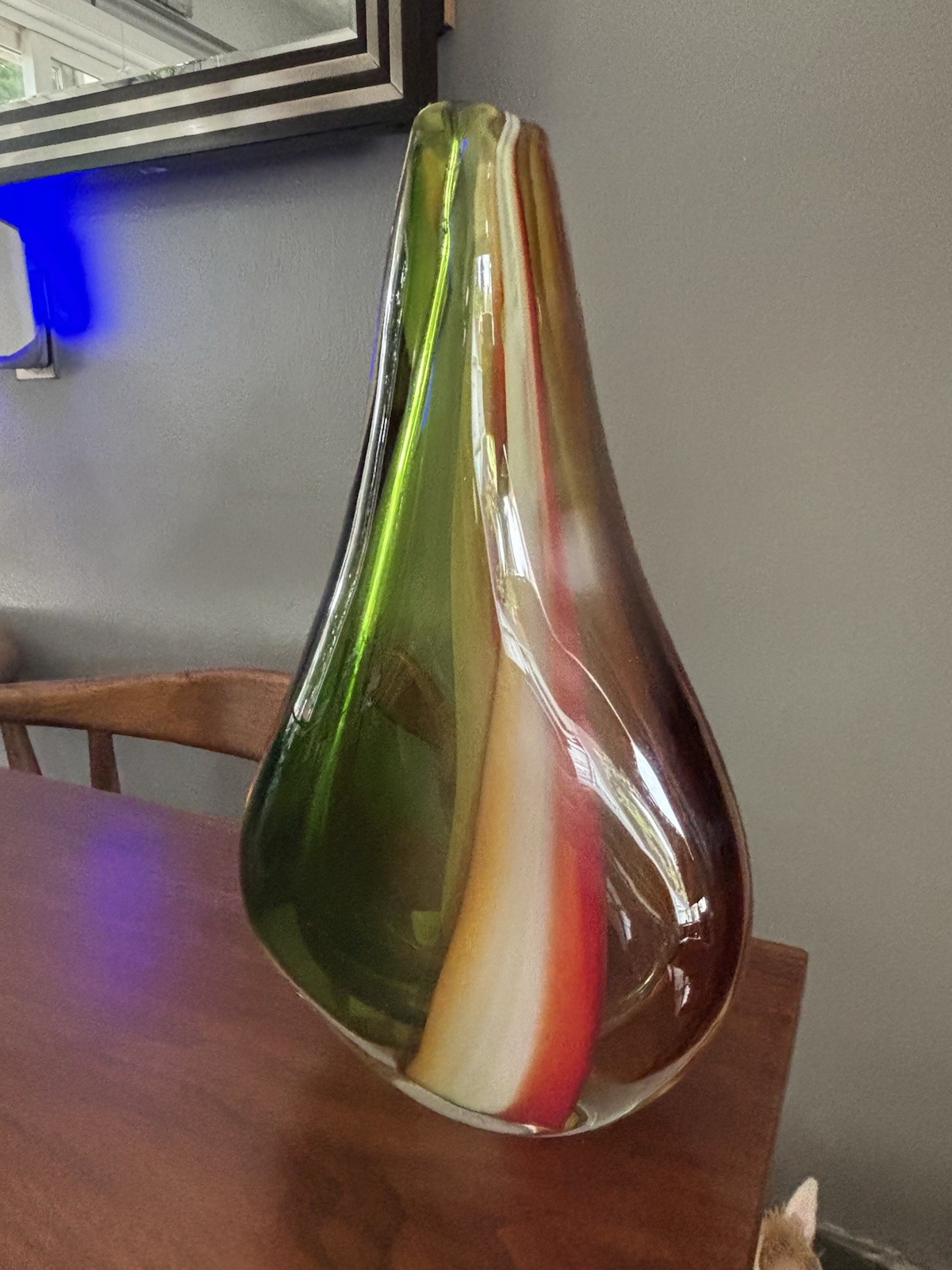 Gorgeous Murano Style Teardrop Glass Vase, 11″ Tall Red White Green Yellow