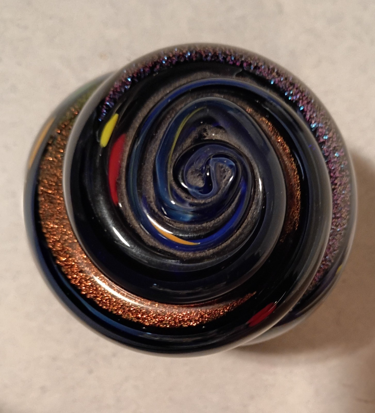 3.75″ Signed R Garrett Swirled Dichroic Spiral Art Glass Paperweight