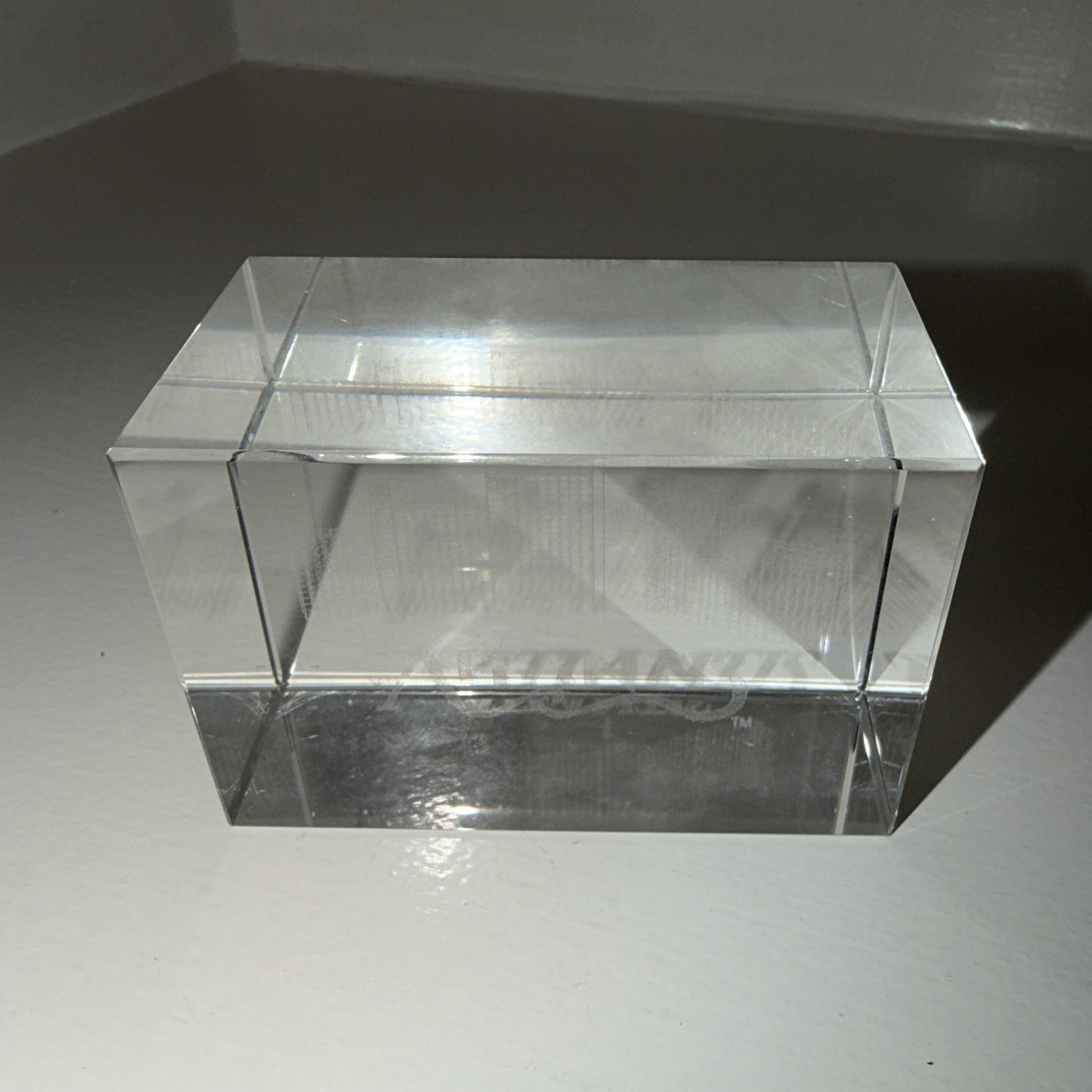 Atlantis Engraved Clear Crystal Block Paperweight Atlantis Royal Tower 3.5in Box