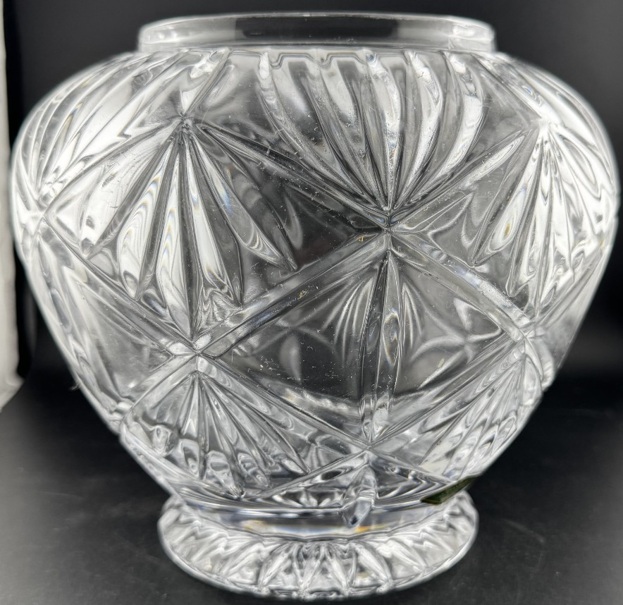 Vintage Heavy Cut Lead Crystal Rose Bowl – 7 lbs – Diamond & Fan Pattern