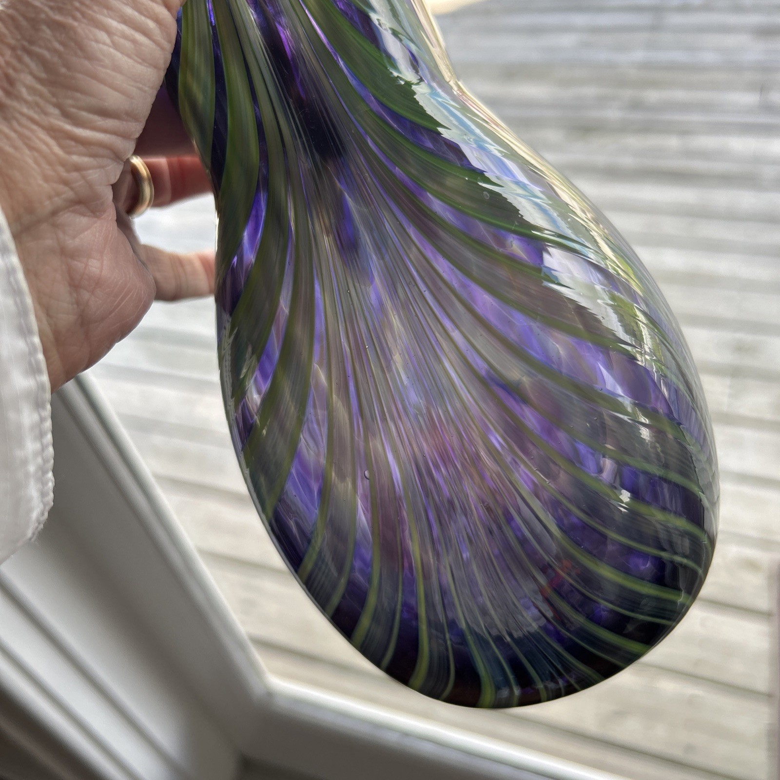 Hand Blown Studio Glass Pulled Feather Purple Green Vase 10” Dan Lotton Inspired
