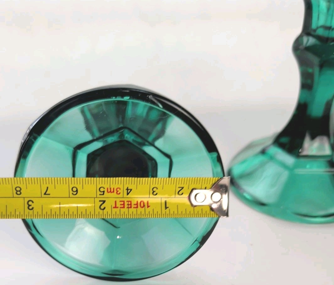 Vintage Pair Indiana Glass Teal Green Glass Candle Stick / Holder 4.5″ tall