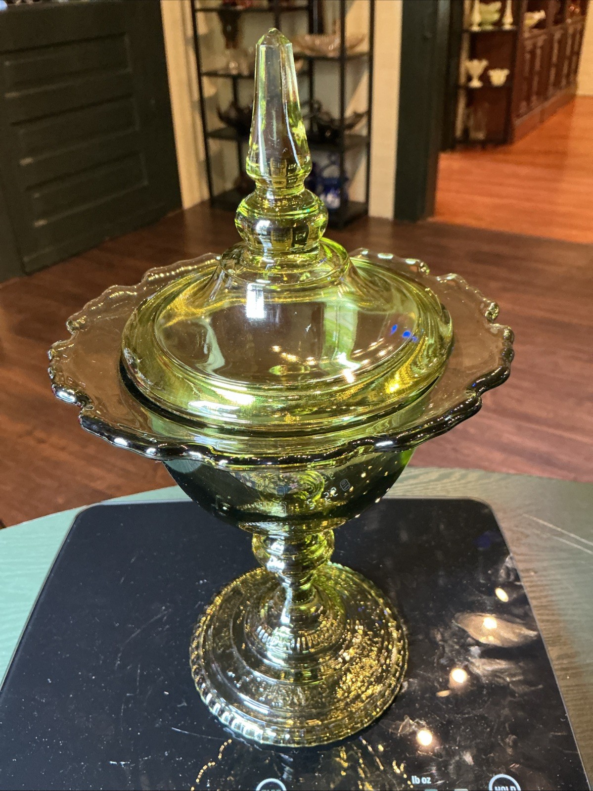 Vintage MCM 11.75” Olive Green Glass Lidded Compote (Empoli?)