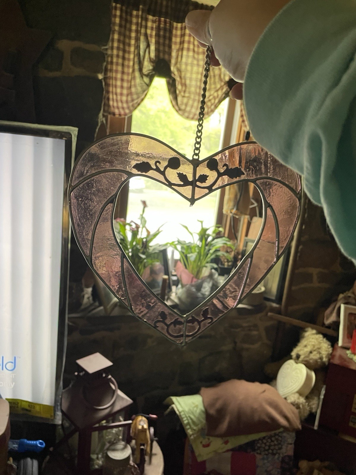 VTG Stained Glass Heart/Roses Hanging Art, Silver W/Chain