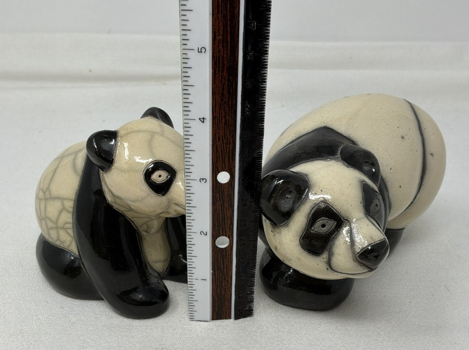 Raku Pottery PANDA BEARS Lot of 2 Handcrafted Black& White, South Africa 4″ H