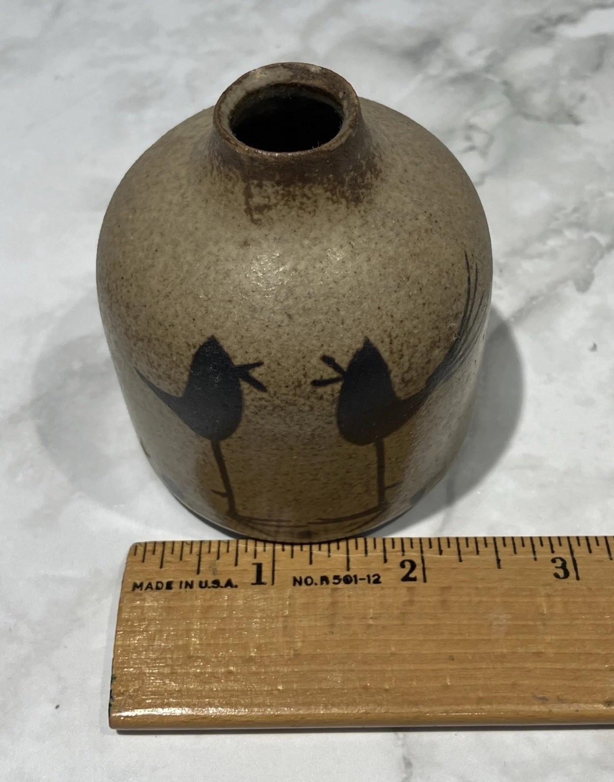 Vintage Otagiri OMC Japan Pottery Small Weed Pot Vase Brown 3″ Birds & Dots