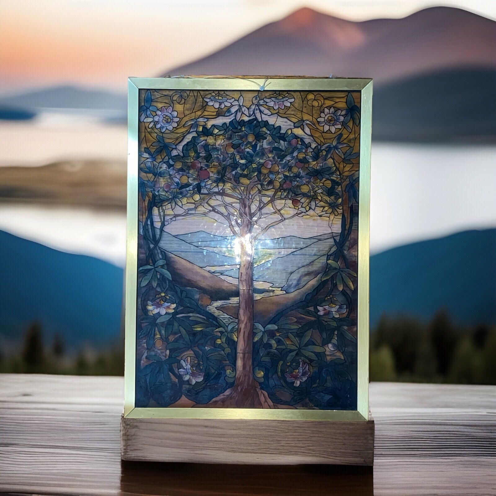 Louis C Tiffany Tree Of Life Framed Glass Hanging Window Panel 9”x 13”