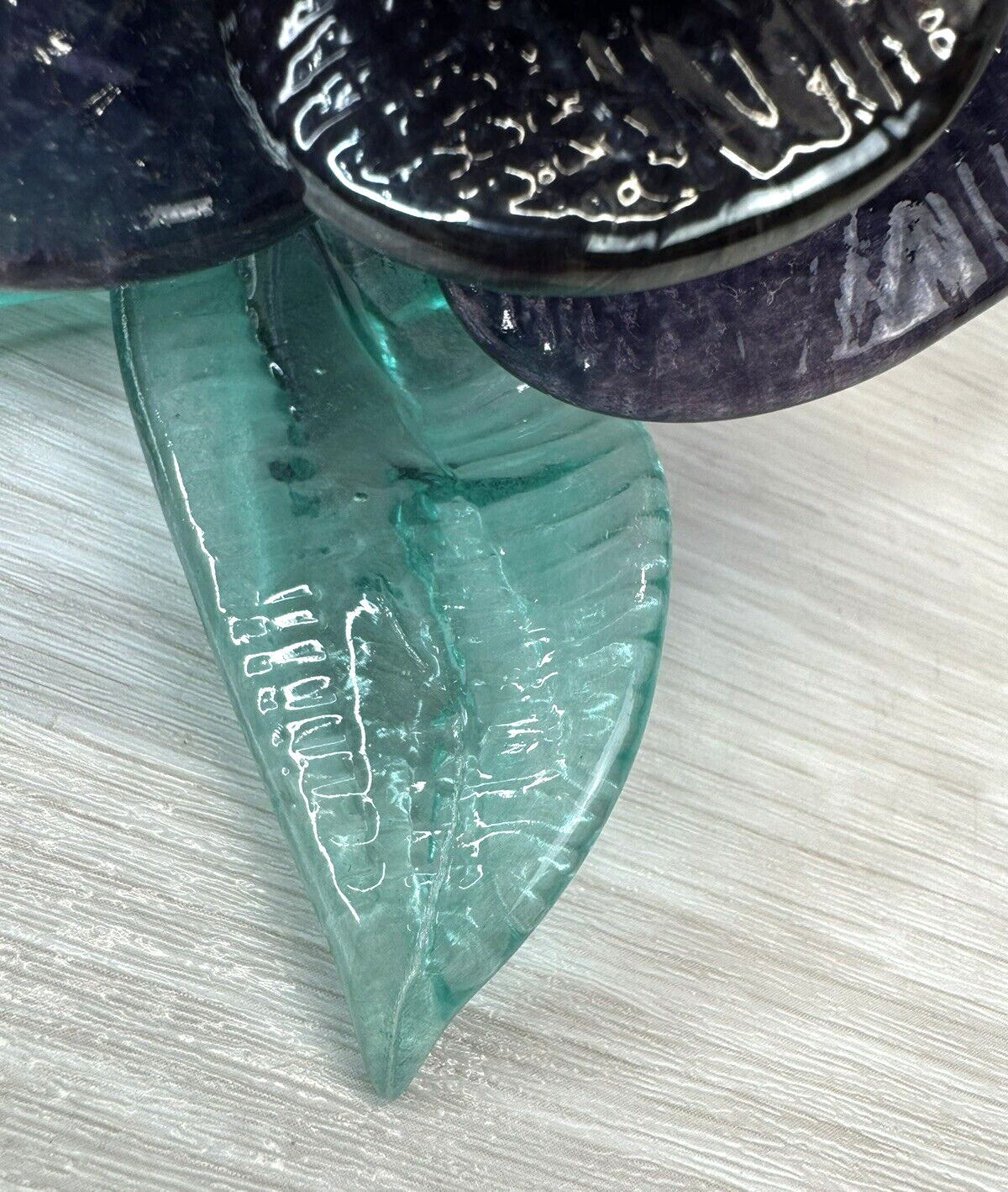 Art Glass Flower Dark Purple Rose Figurine with Green Leaves 4″ Signed Vintage